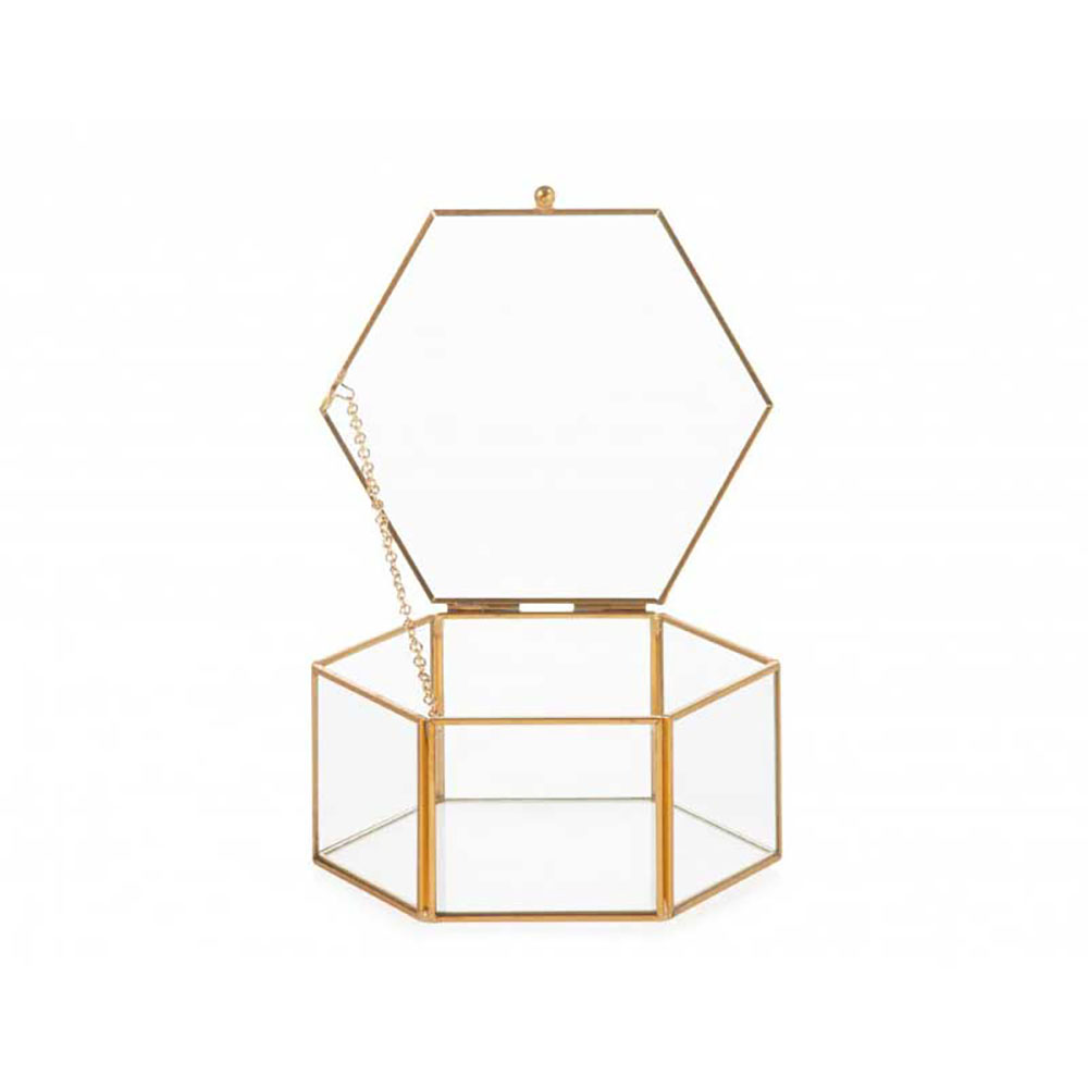Cofanetto Esagonale In Vetro Con Profili In Metallo Colore Oro 8X7,6X4H Cm 