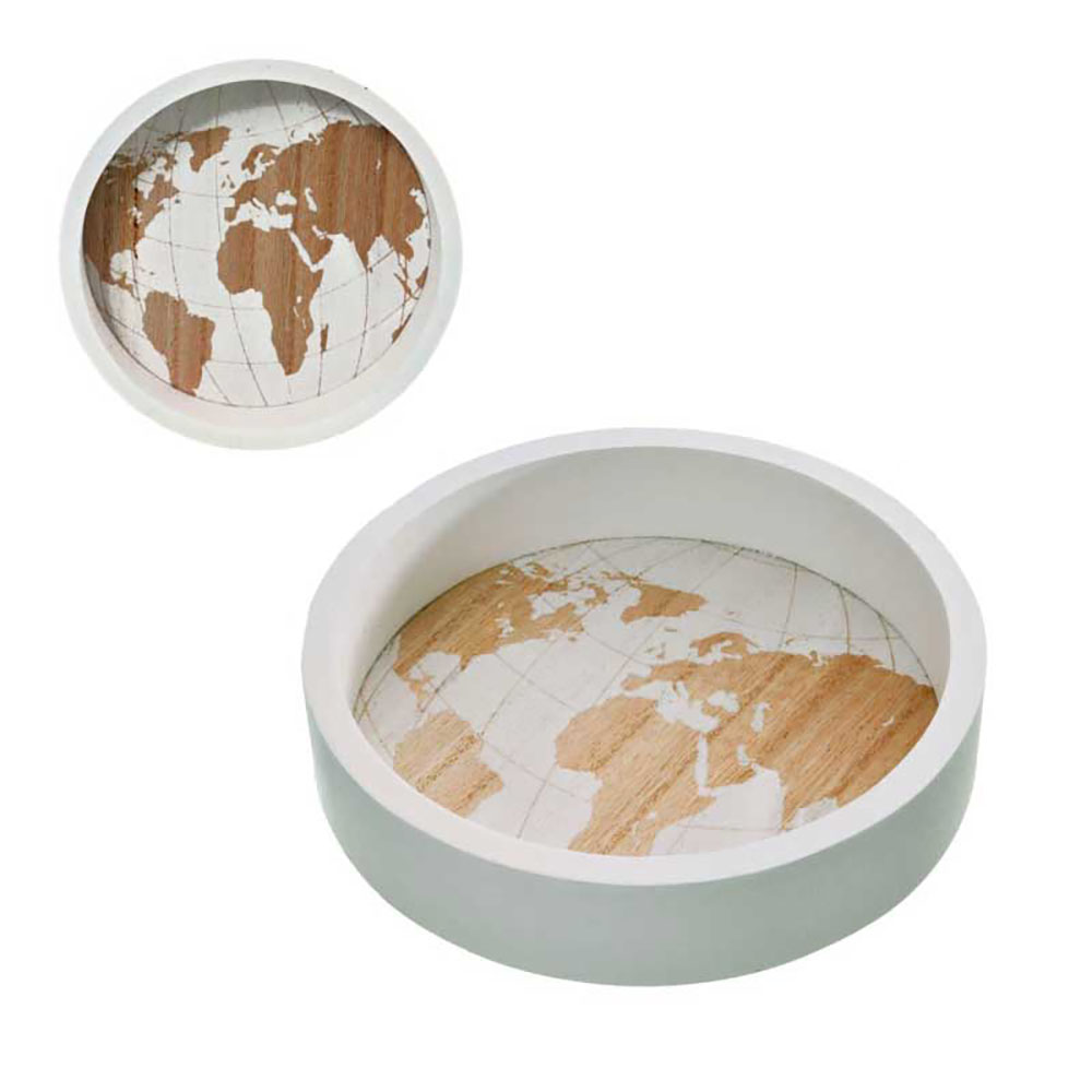 Golden Hill Svuota Tasche In Legno Colore Bianco Con Disegno Cartina Geografica Diametro 15X3H Cm