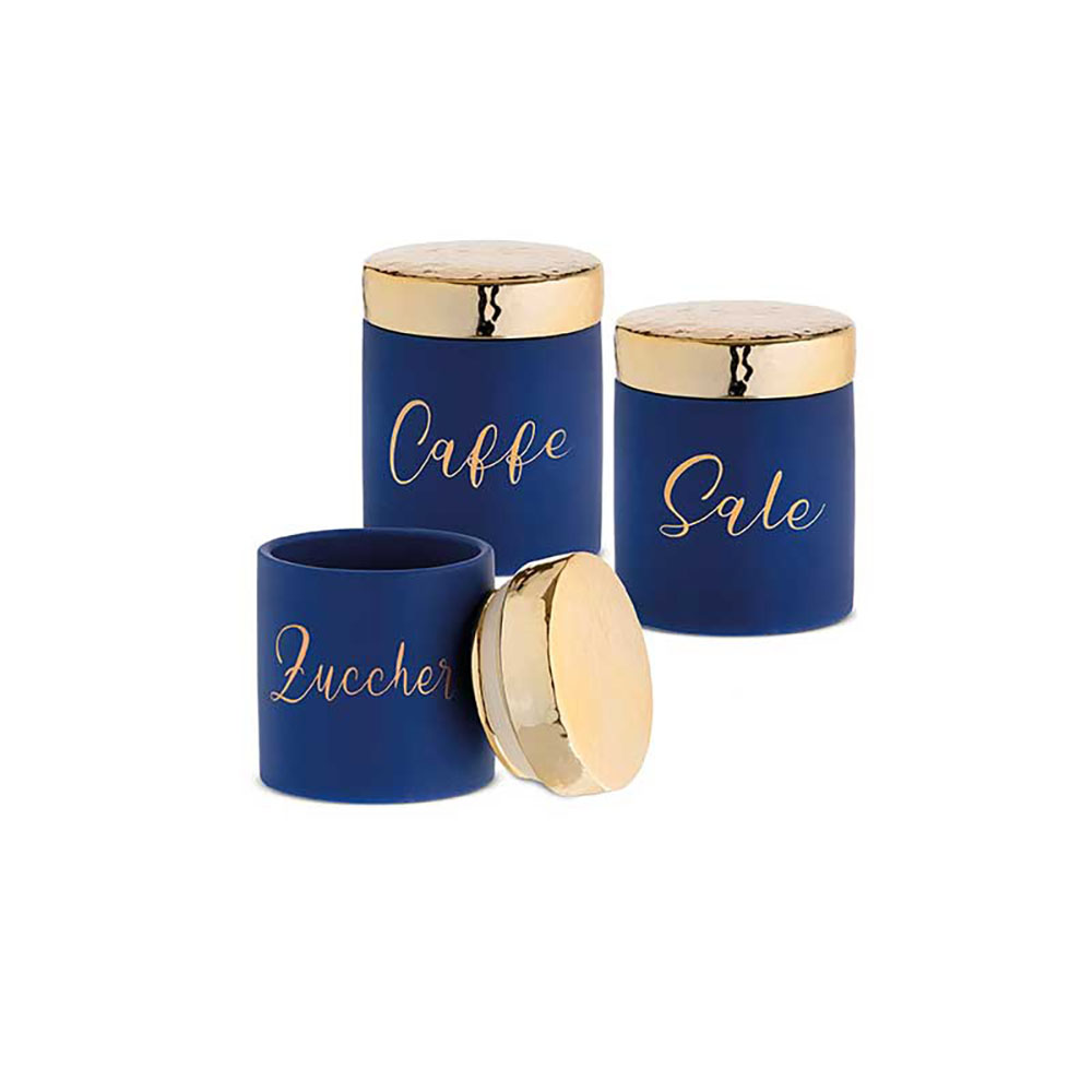 Giardini Di Marzo Set 3 Barattoli Sale/Zucchero/Caffè Colore Blu Con Tappo Oro Diametro 11X13,5H Cm 