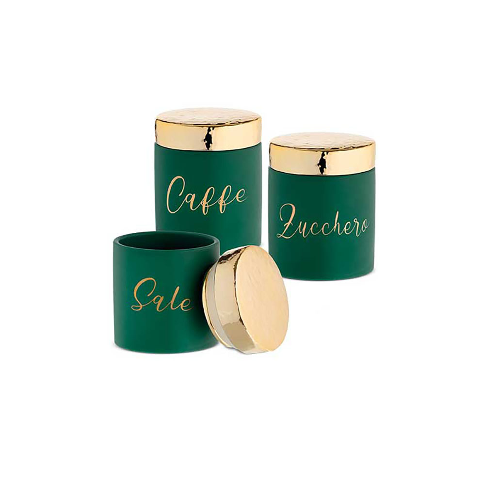 Giardini Di Marzo Set 3 Barattoli Sale/Zucchero/Caffè Colore Verde Con Tappo Oro Diametro 11X13,5H Cm 