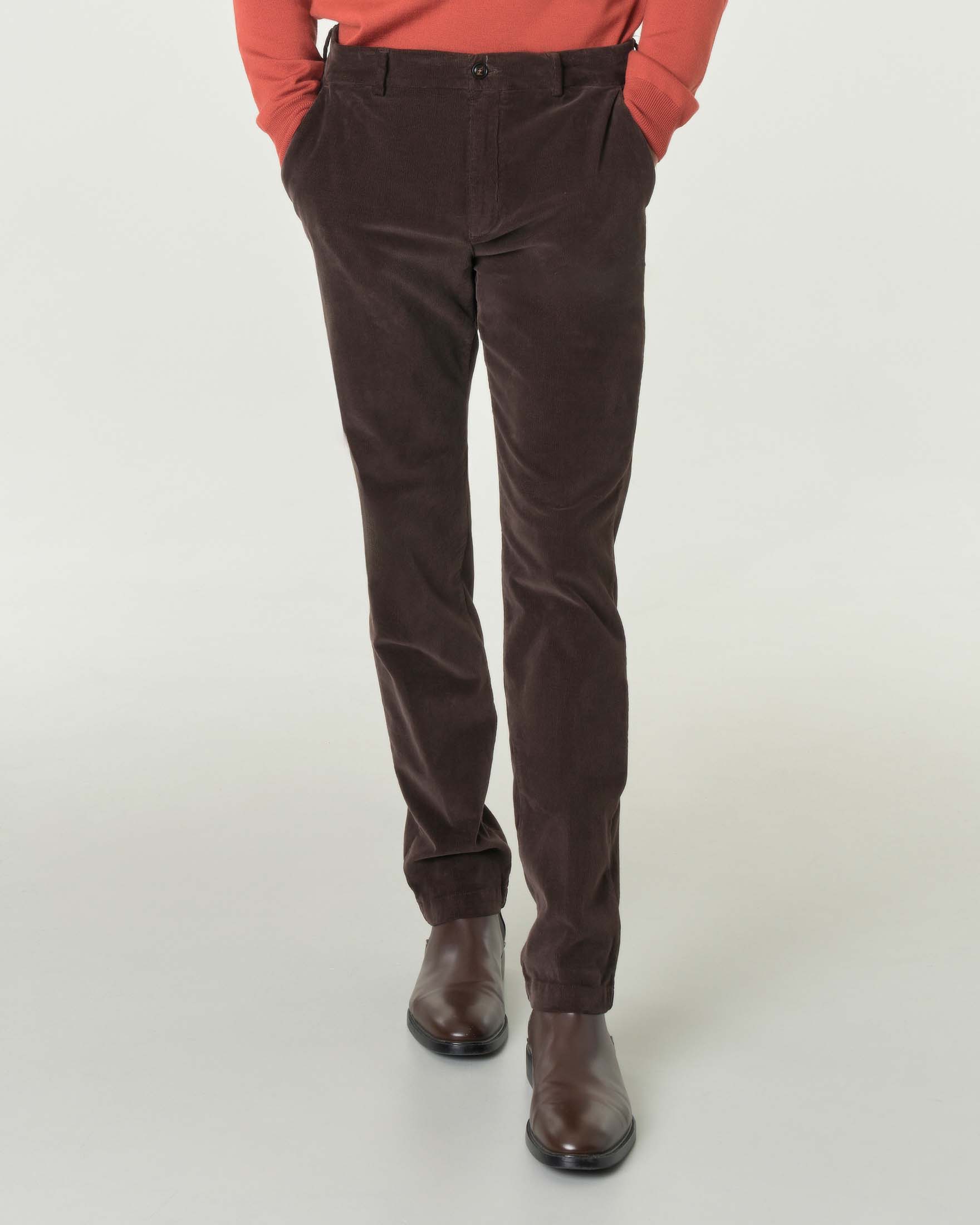 Pantalone chino Brera marrone in velluto millerighe di cotone stretch