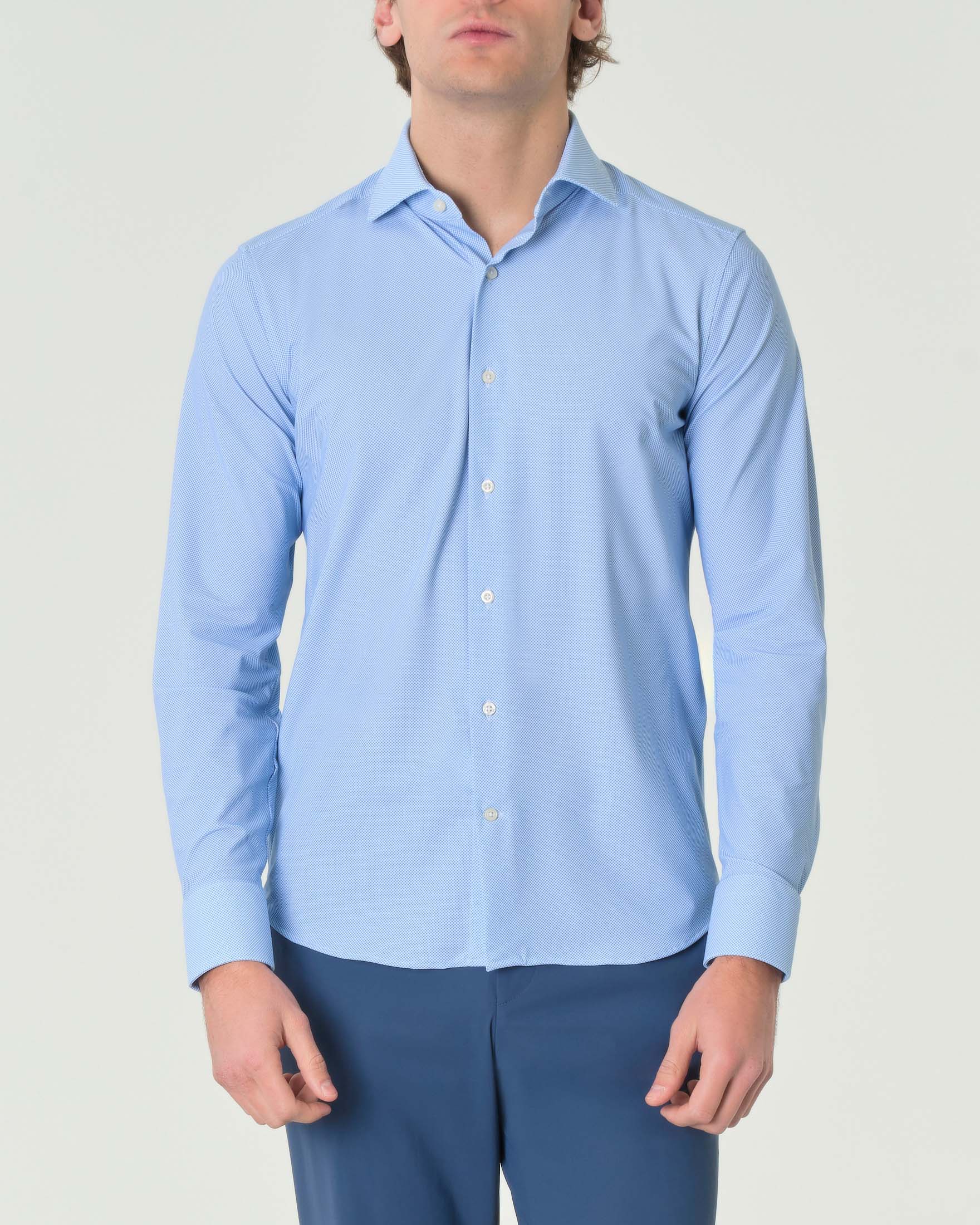 Camicia Pellizzari bianca e azzurra slim-fit in tessuto tecnico con micro-fantasia a nido d'ape