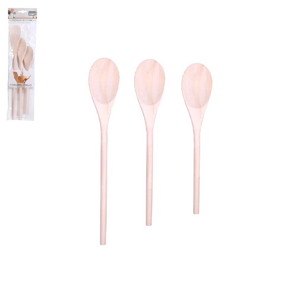 Kb8 Blister 3 Cucchiai Da Cucina In Legno 25/30/35 Cm