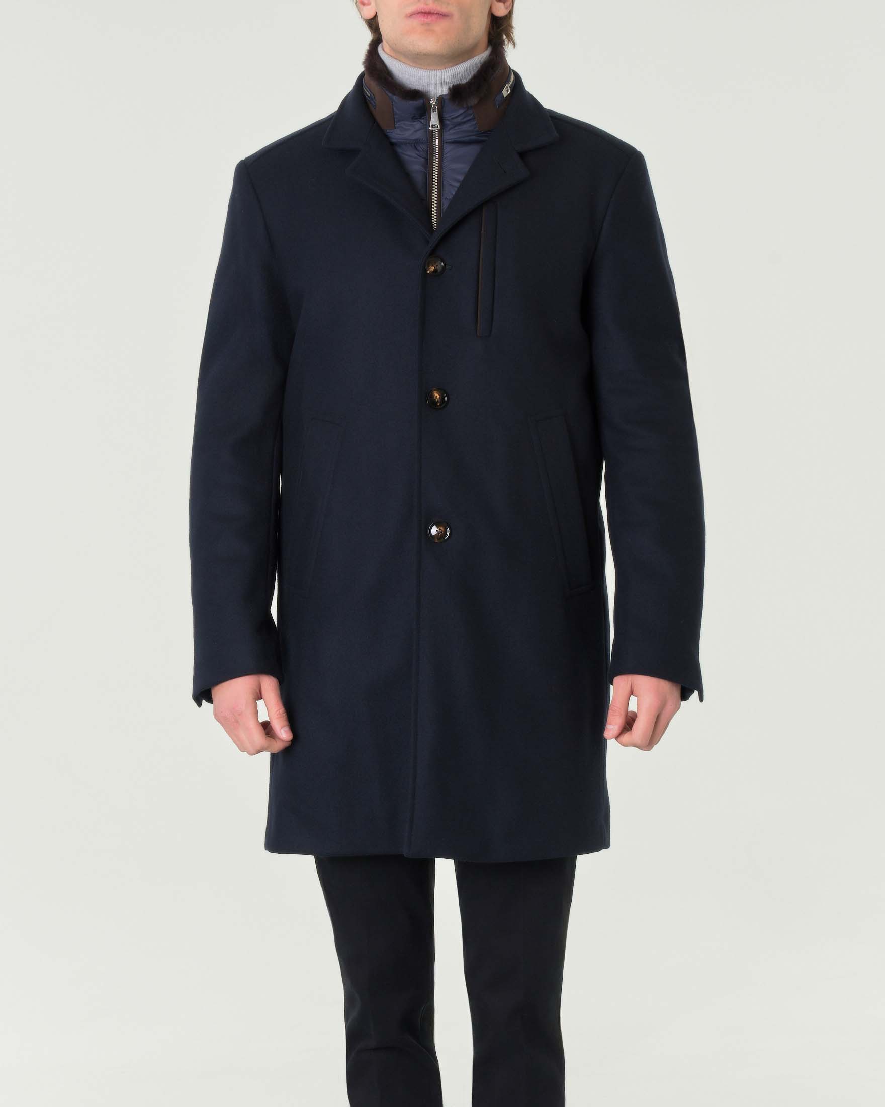 Cappotto Rodolfo Pellizzari blu in panno idrorepellente di misto lana e cashmere con pettorina rimovibile