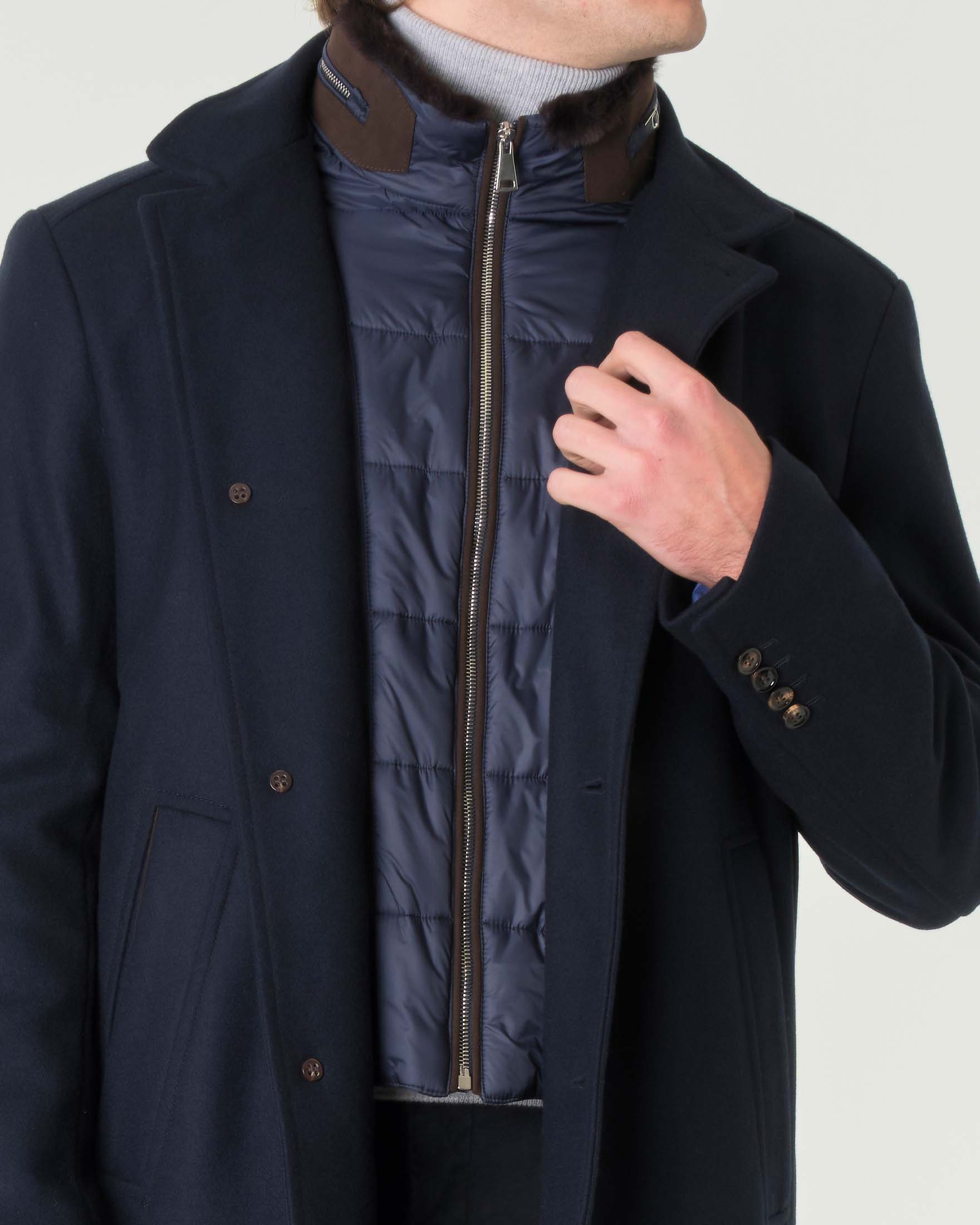 Cappotto Rodolfo Pellizzari blu in panno idrorepellente di misto lana e cashmere con pettorina rimovibile image
