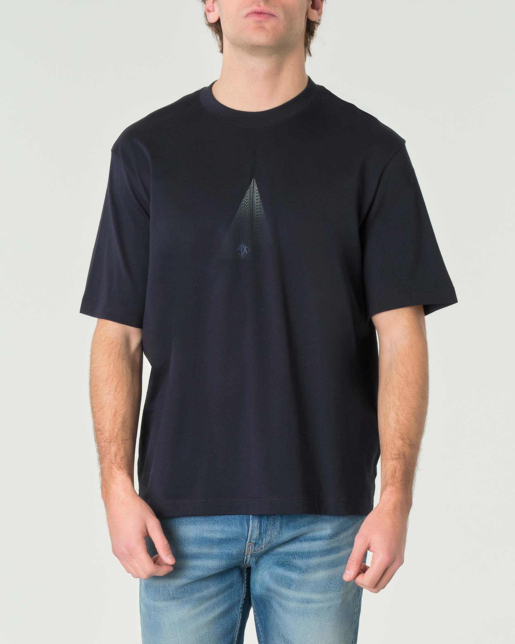 T-shirt girocollo blu in puro cotone con grafica multilogo bianca a tringolo sfumata