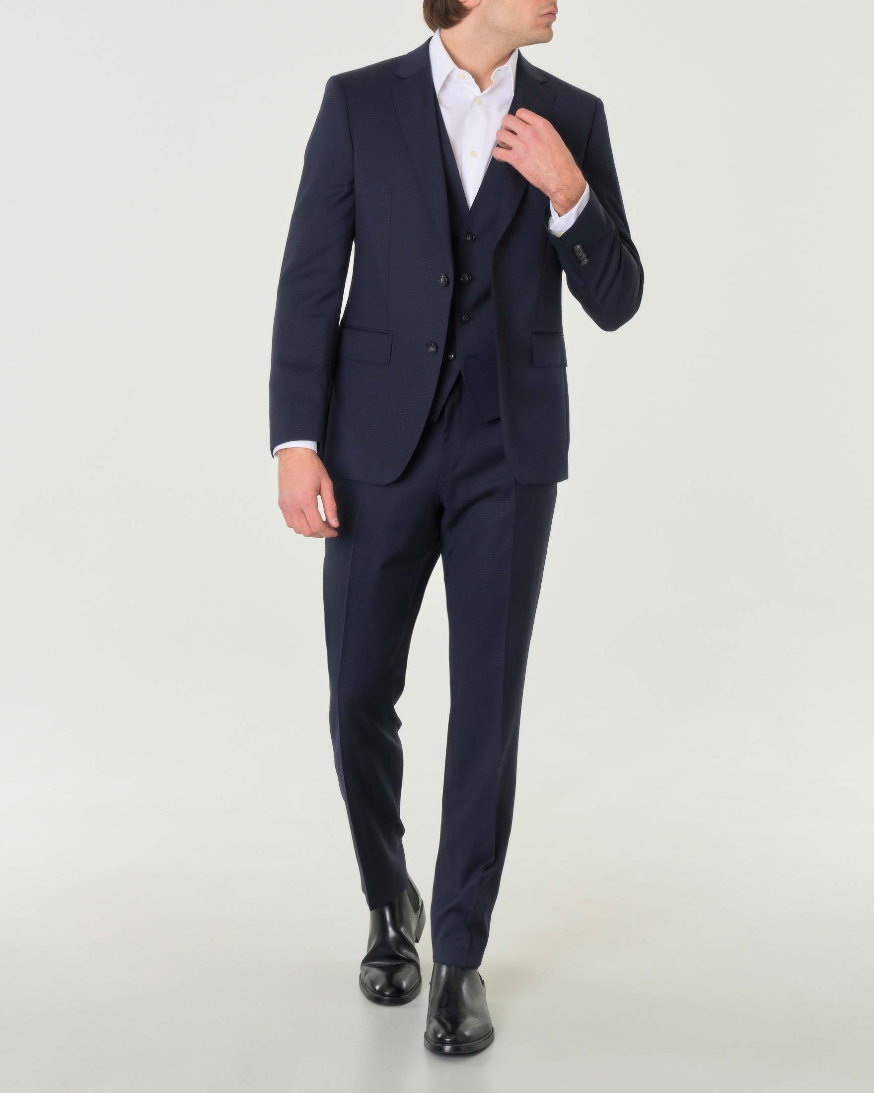 Abito blu Huge slim-fit in tessuto armaturato a quadretti di lana stretch con gilet