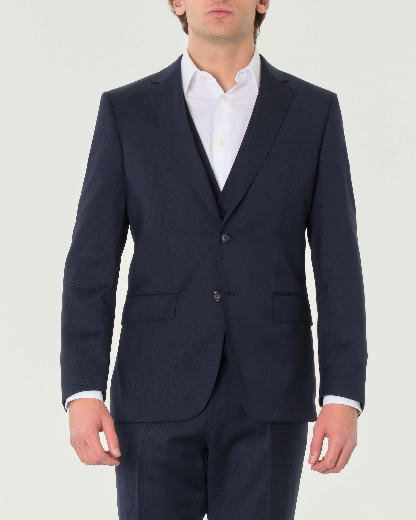 Abito blu Huge slim-fit in tessuto armaturato a quadretti di lana stretch con gilet image