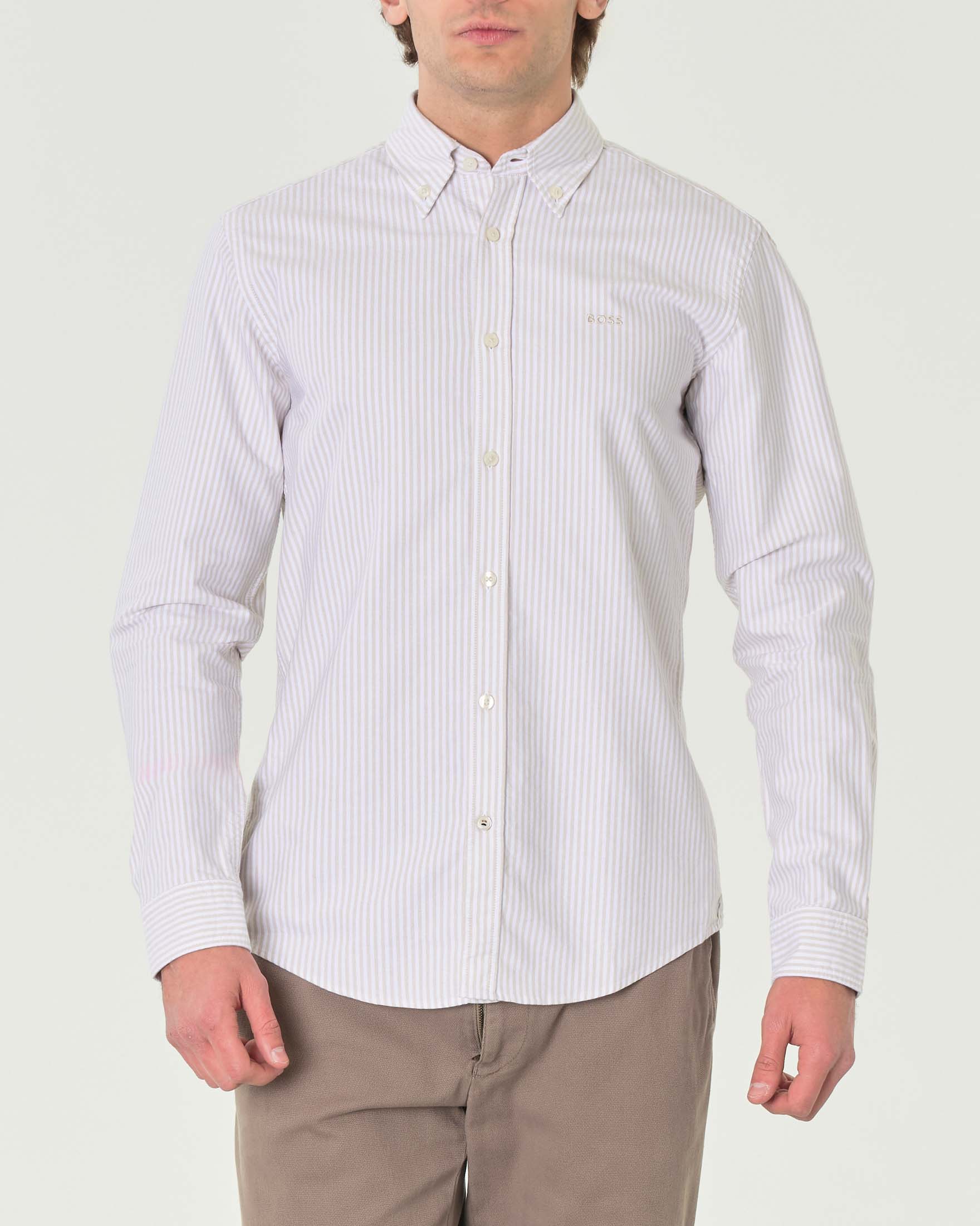 Camicia a righe bianca e beige slim-fit in Oxford di puro cotone con logo ricamato sul petto