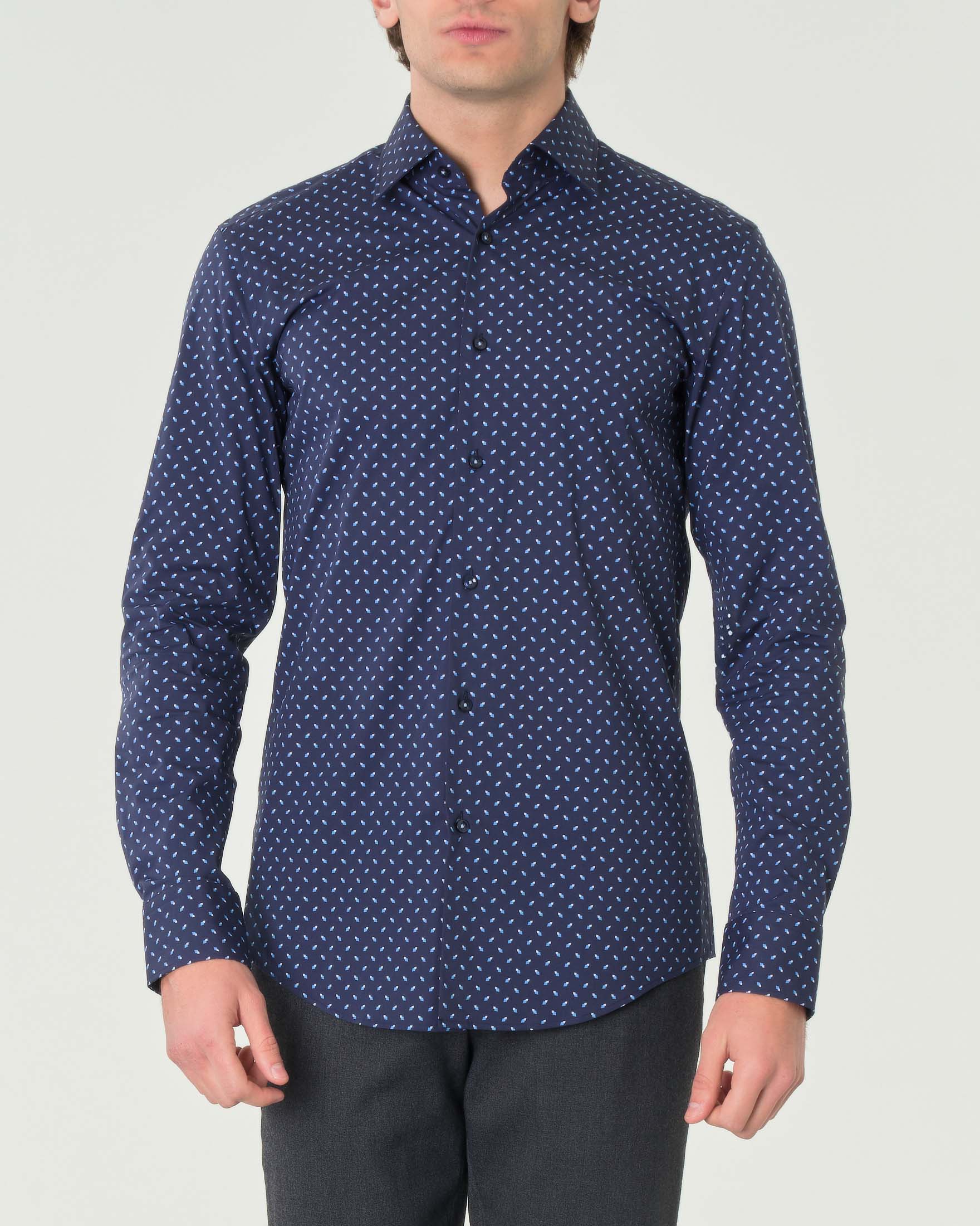 Camicia Hank slim fit blu a fantasia geometrica azzurra e bianca in popeline di cotone stretch con colletto Kent