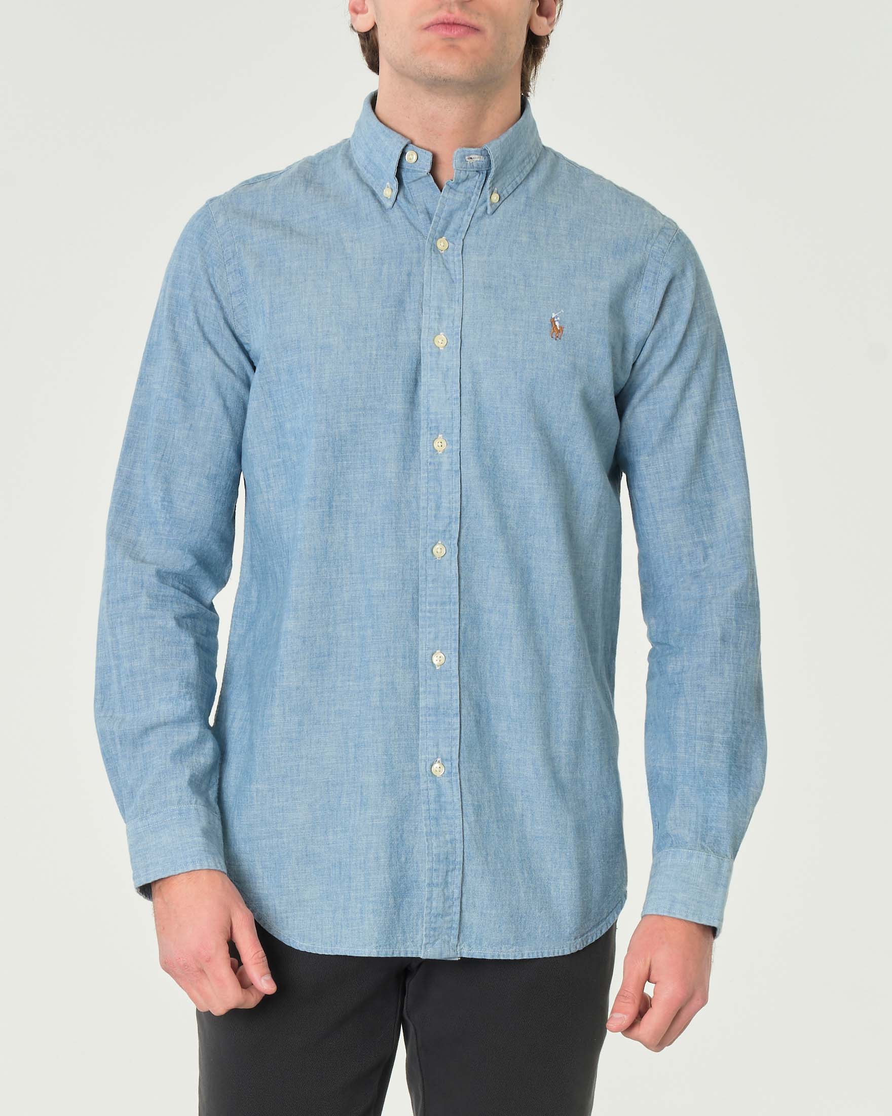 Camicia Polo slim-fit in chambray di puro cotone con colletto button-down