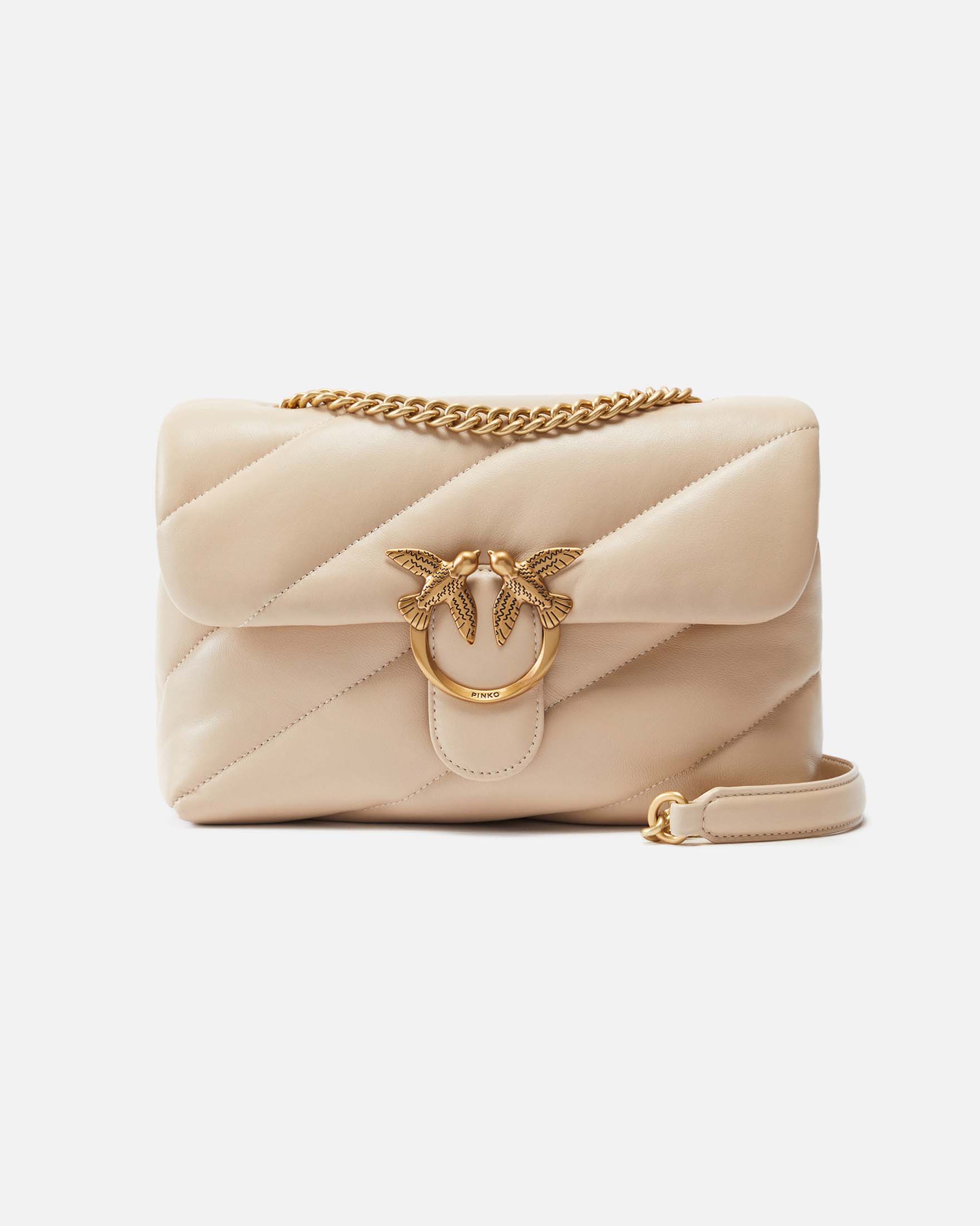 Love Bag Puff Pinko beige in nappa misura media con motivo matelassè obliquo e fibbia dorata Love Birds