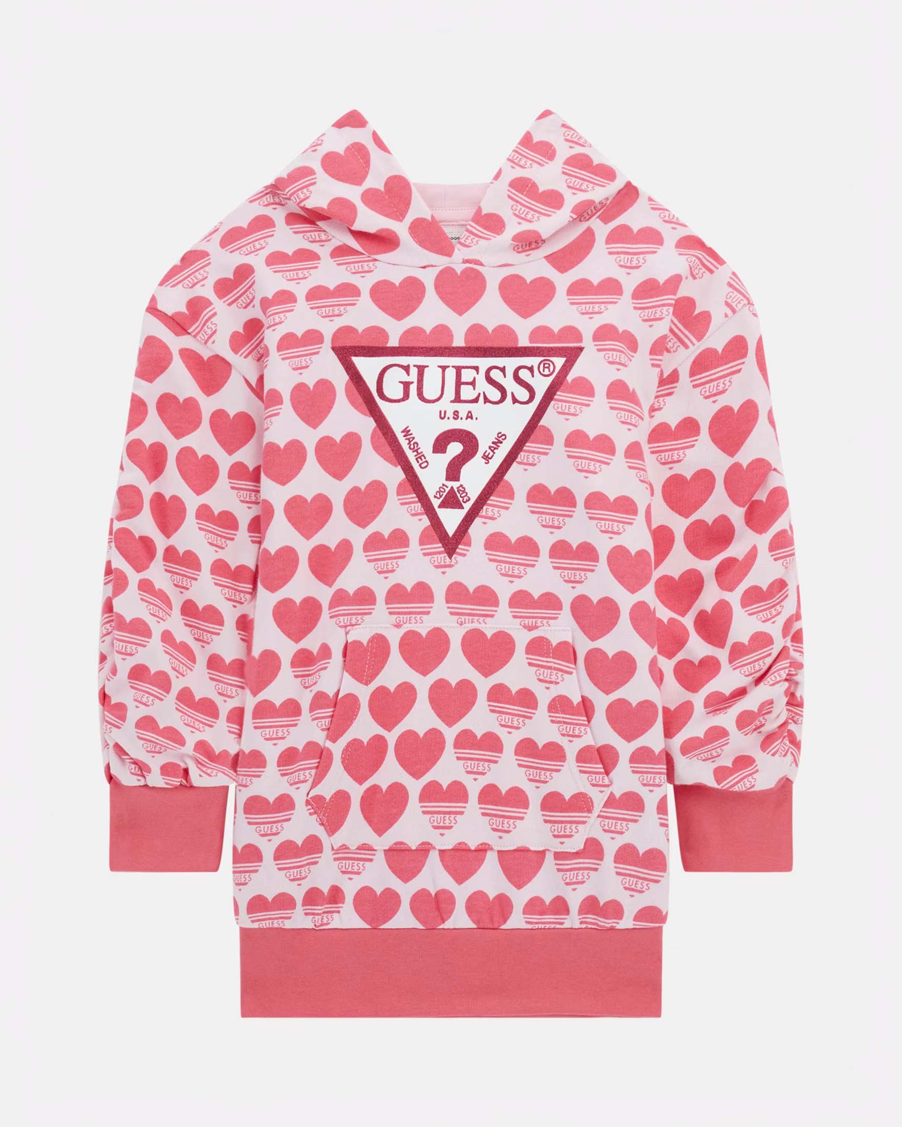 Abito a maxi felpa rosa in puro cotone con cappuccio e motivo a cuori