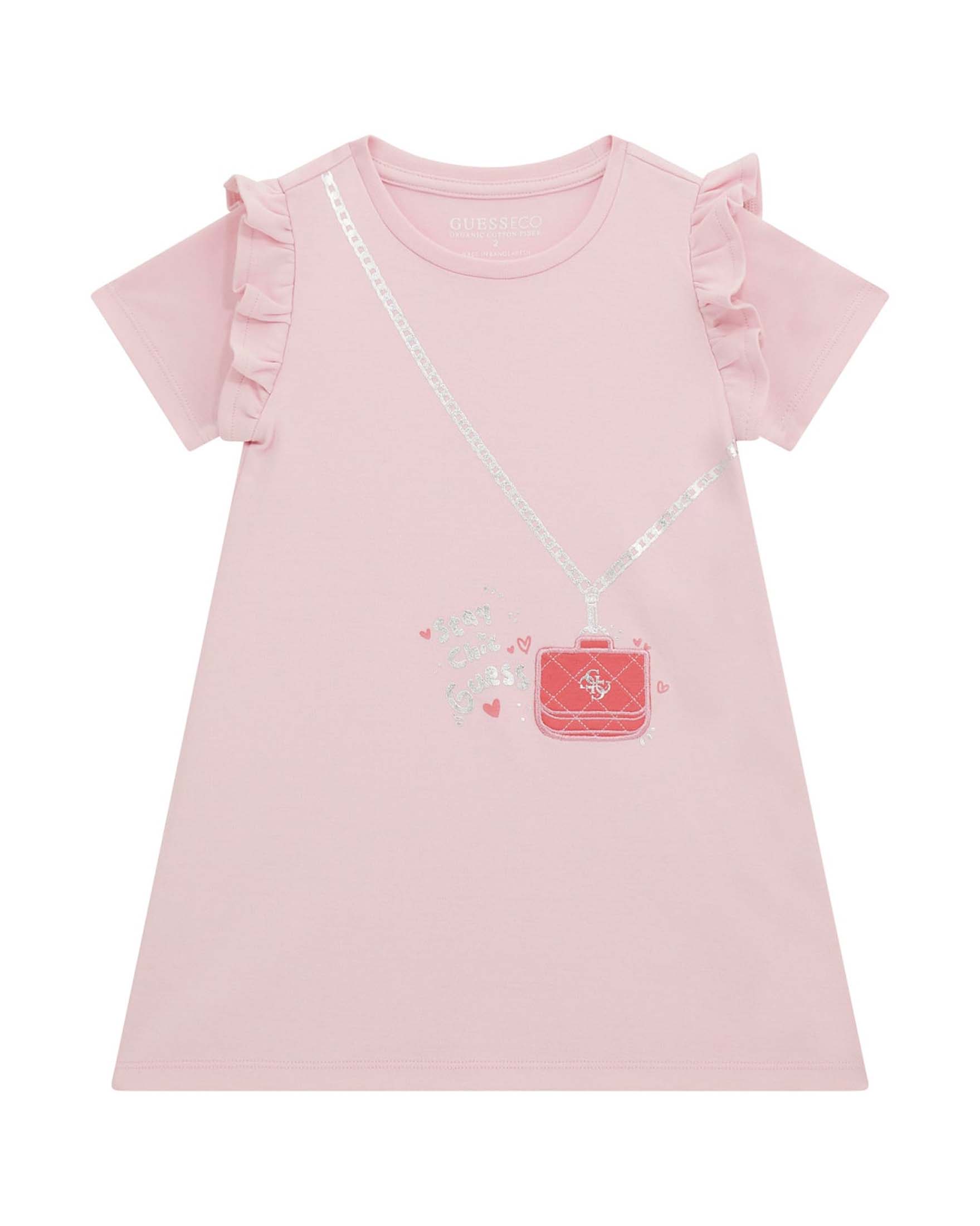 Abito rosa a mezza manica con rouches e ricamo borsetta