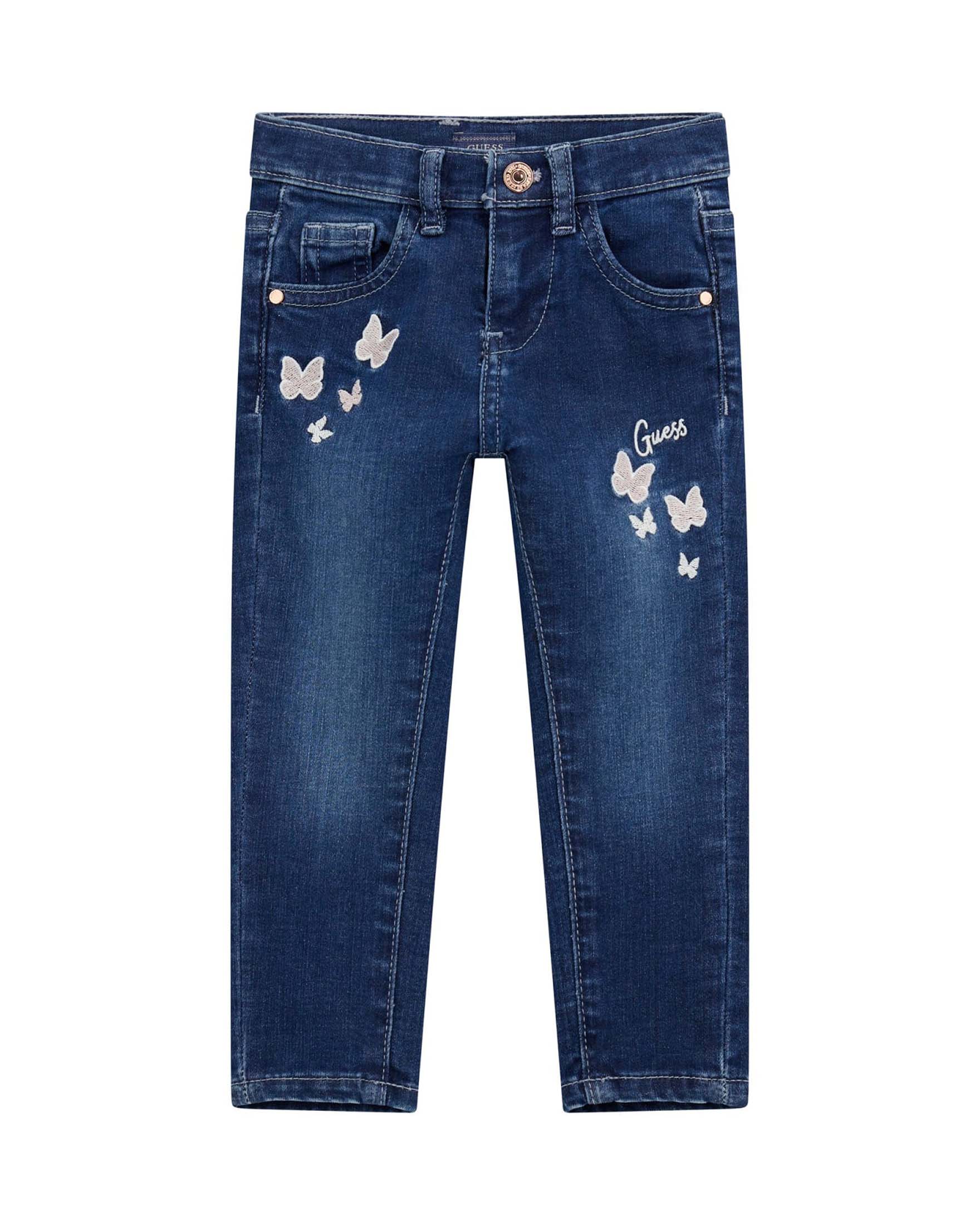 Jeans Guess Kids skinny-fit blu scuro con ricamo farfalle e logo