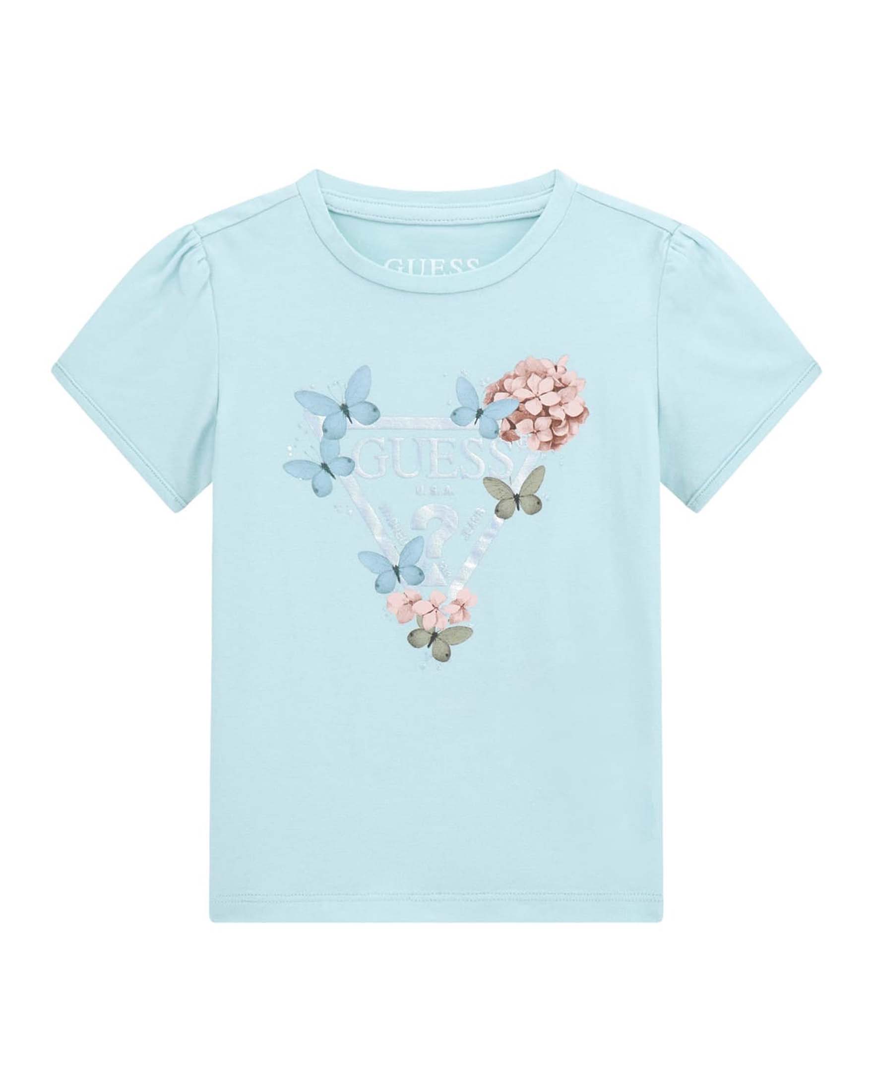 T-shirt color acqua mezza manica con logo triangolo e farfalle