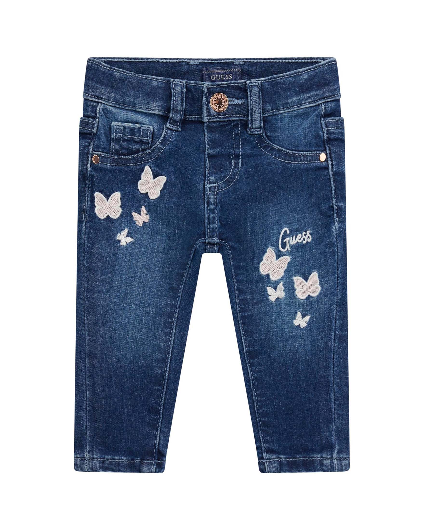 Jeans Guess Kids skinny-fit blu scuro con ricamo farfalle e logo