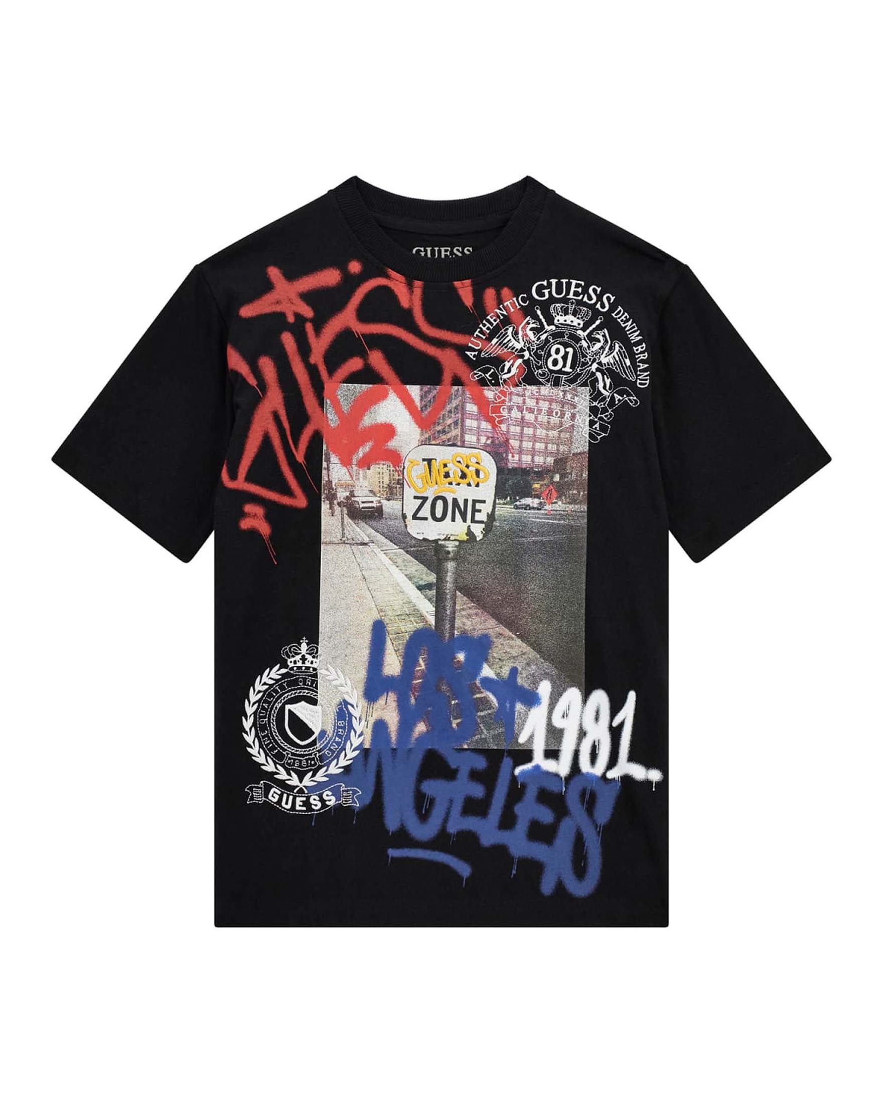 T-shirt nera in puro cotone con graffiti multicolor e stampa street