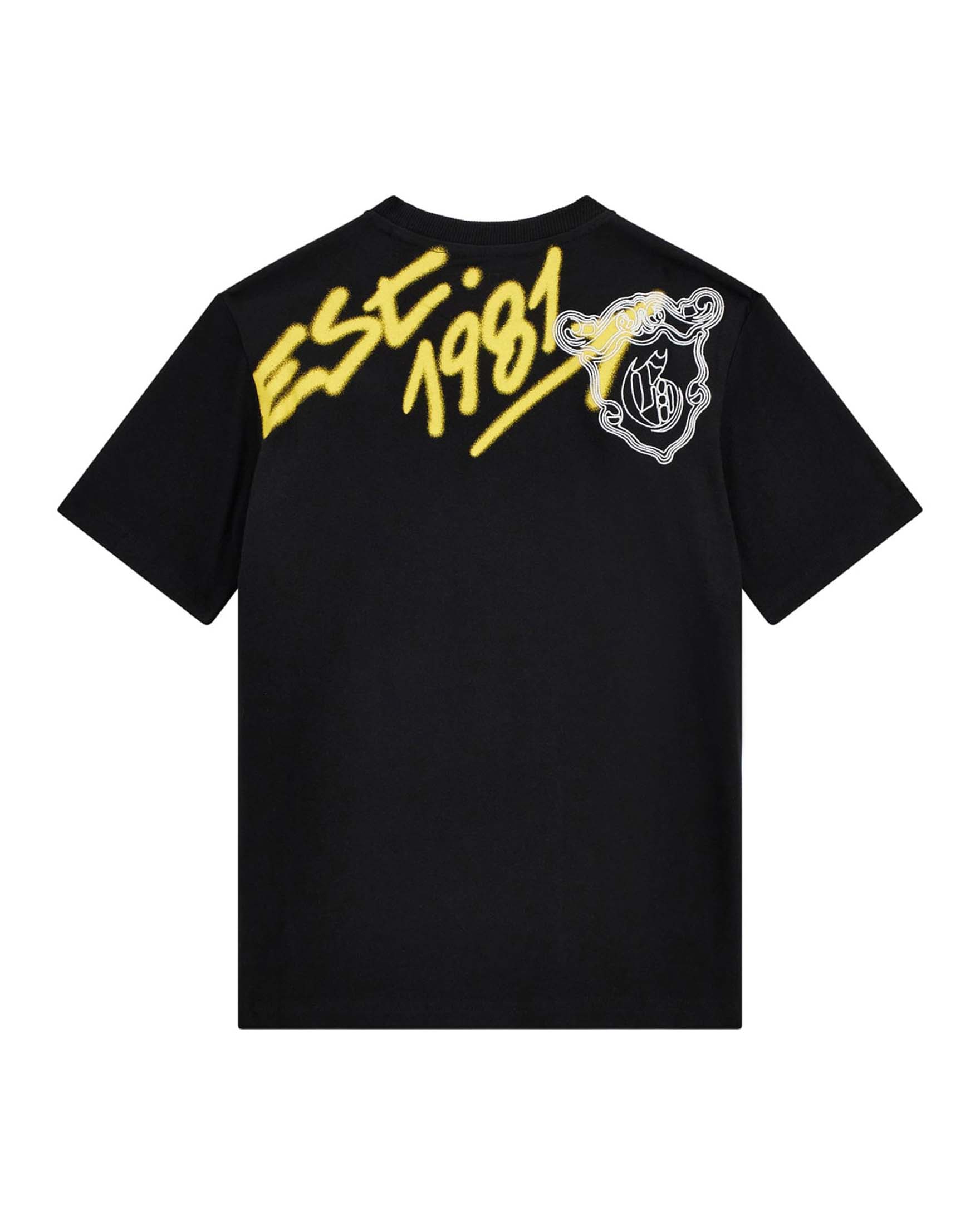T-shirt nera in puro cotone con graffiti multicolor e stampa street