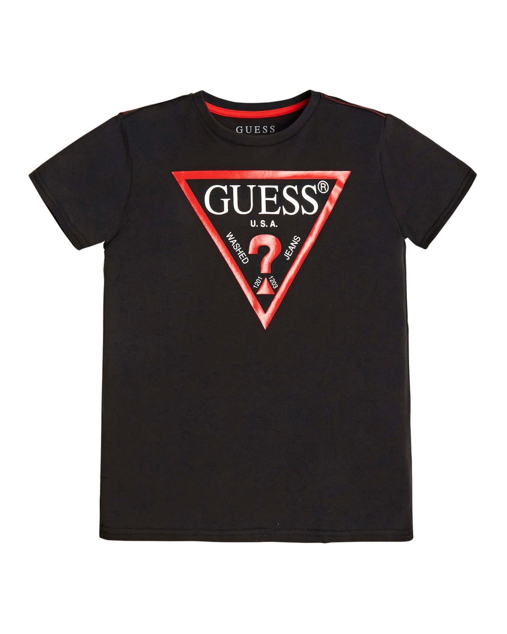 T-shirt nera mezza manica in cotone con logo triangolo rosso