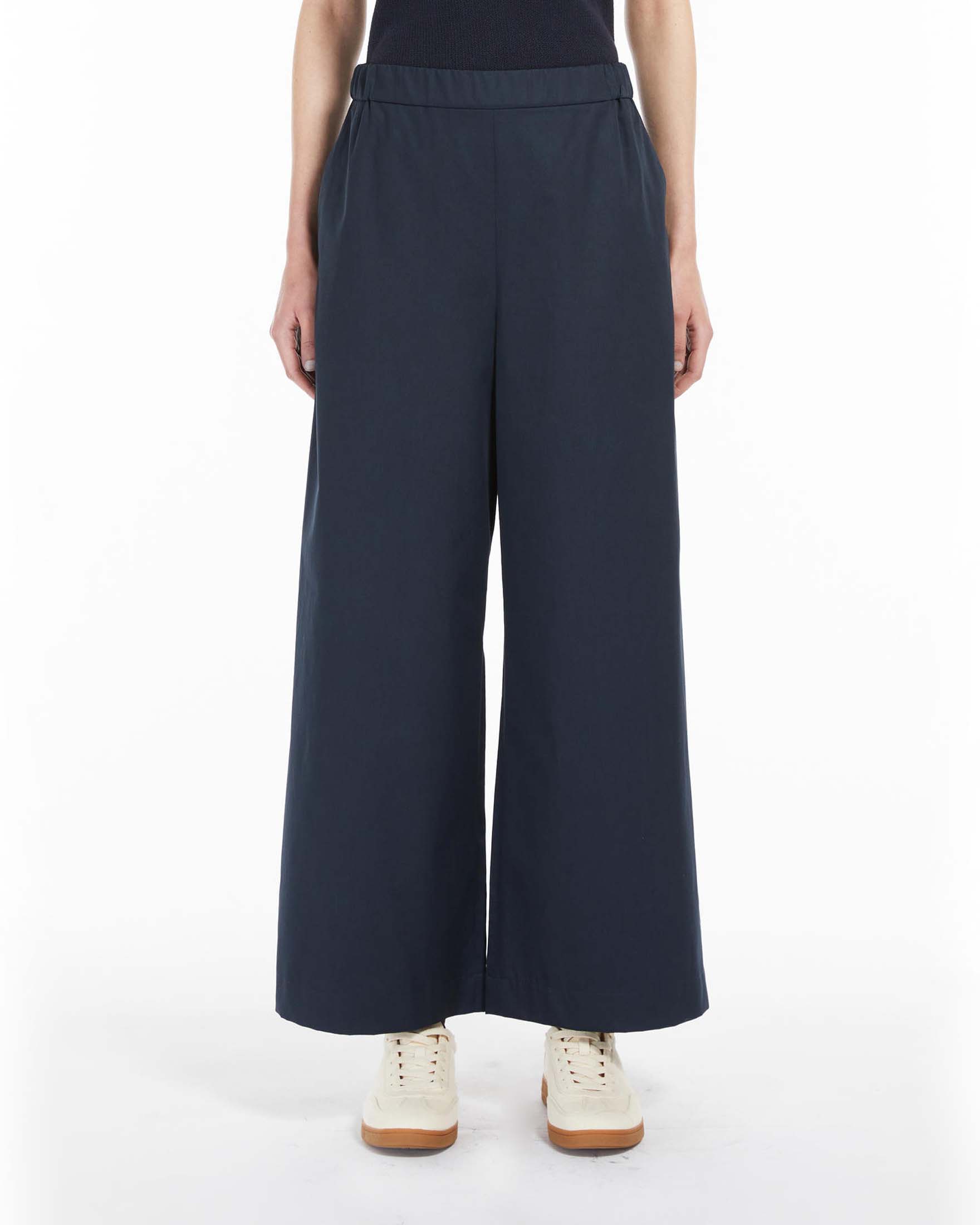 Pantaloni blu dalla linea ampia in raso di puro cotone con elastico in vita sul retro