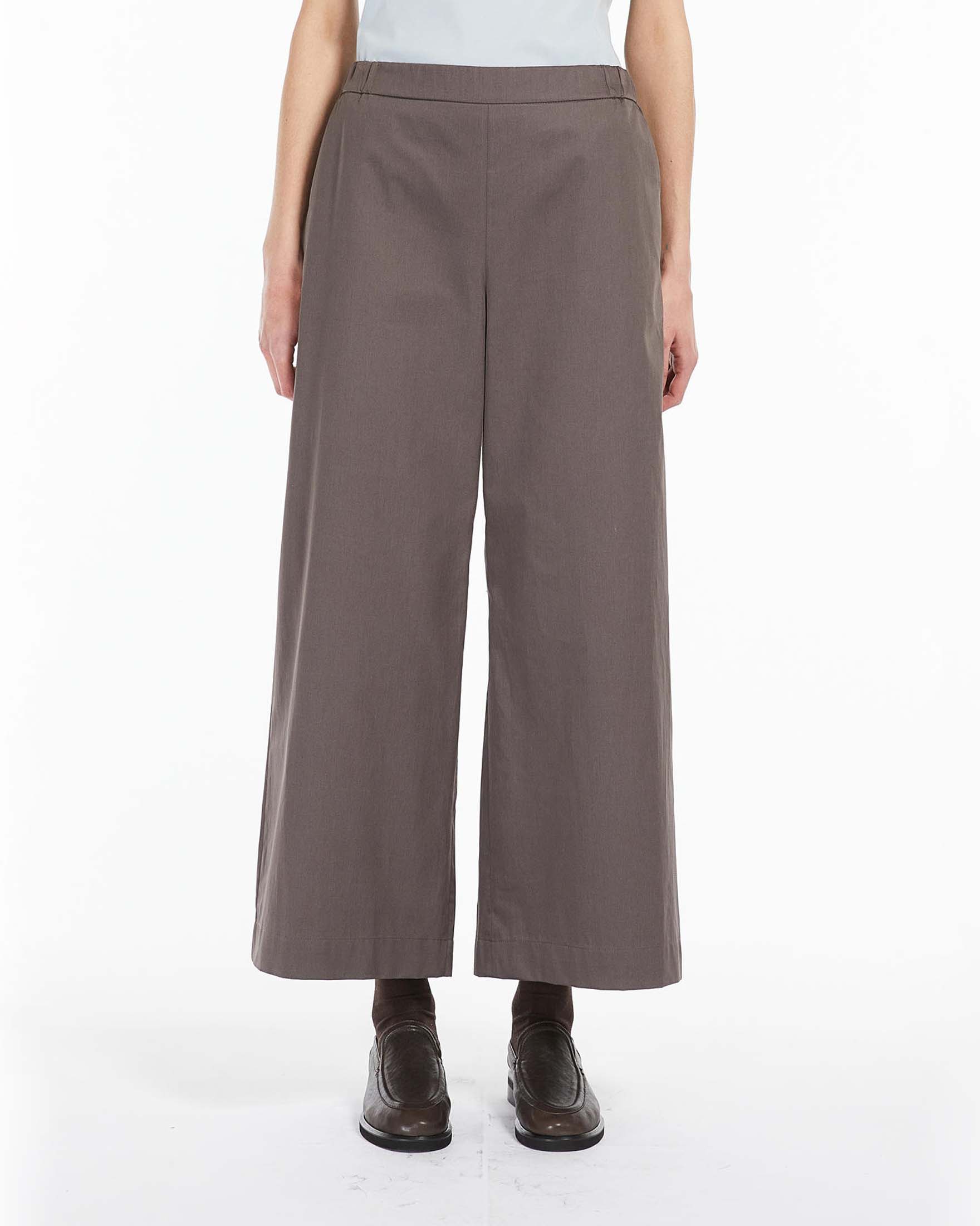 Pantaloni color fango dalla linea ampia in raso di puro cotone con elastico in vita sul retro image