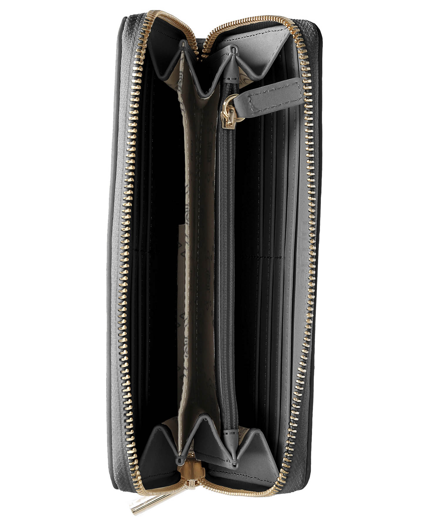 Portafoglio nero grande in similpelle bottalata con logo piccolo in metallo e chiusura a cerniera image
