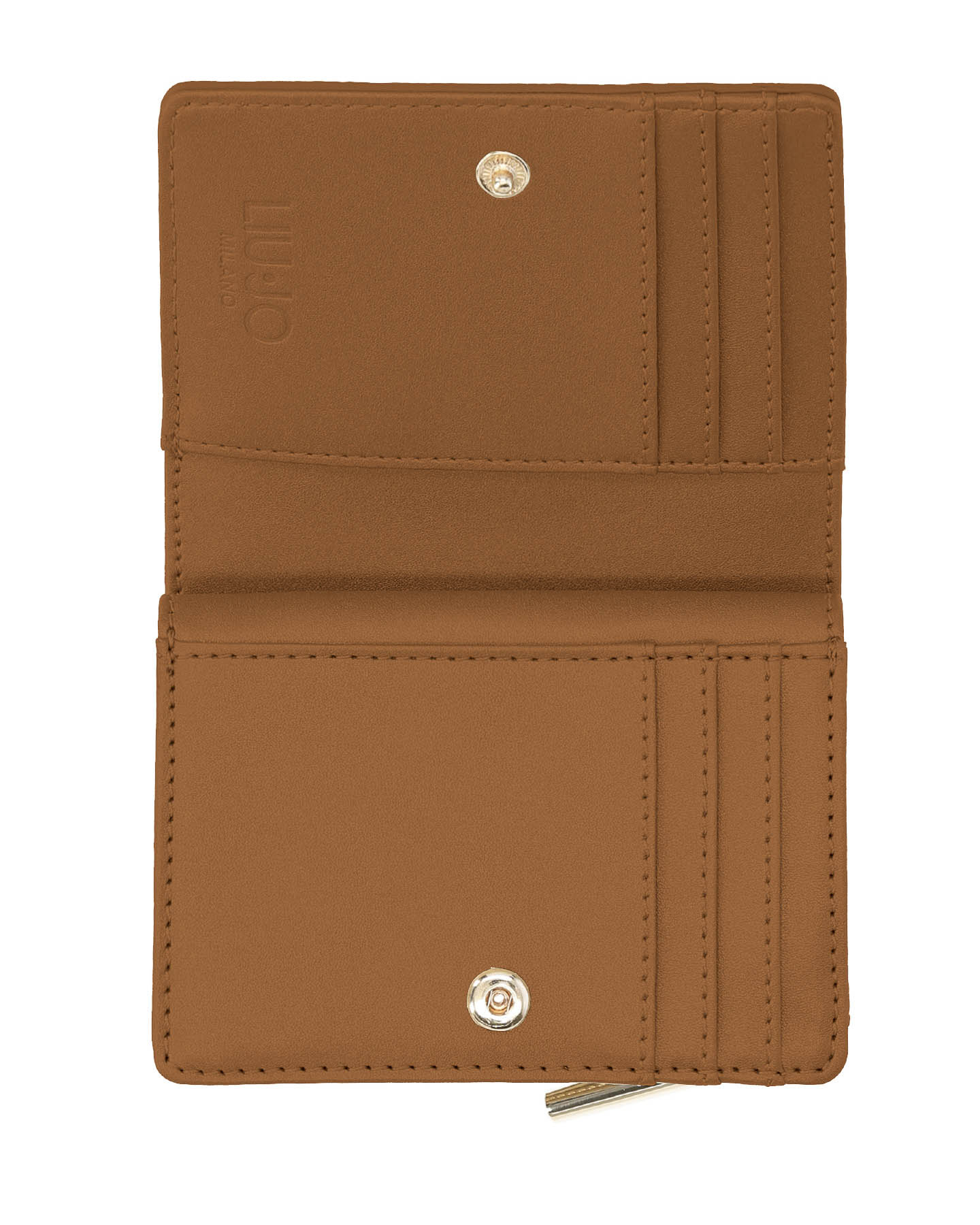 Portafoglio color cuoio a libro piccolo in similpelle bottalata con logo frontale in metallo image