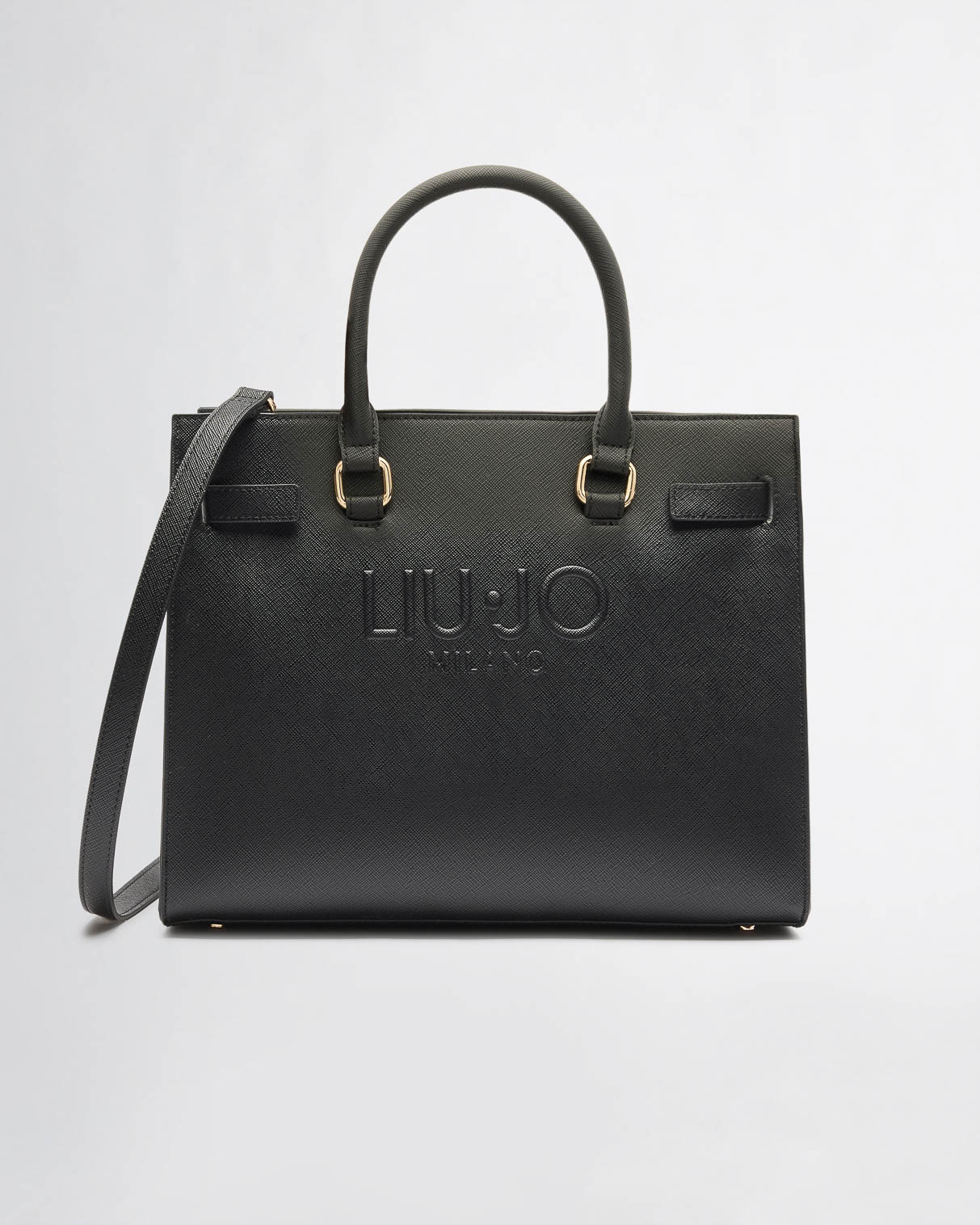 Borsa a mano grande squadrata nera in similpelle saffiano con maxi logo a rilievo e listini regolabili