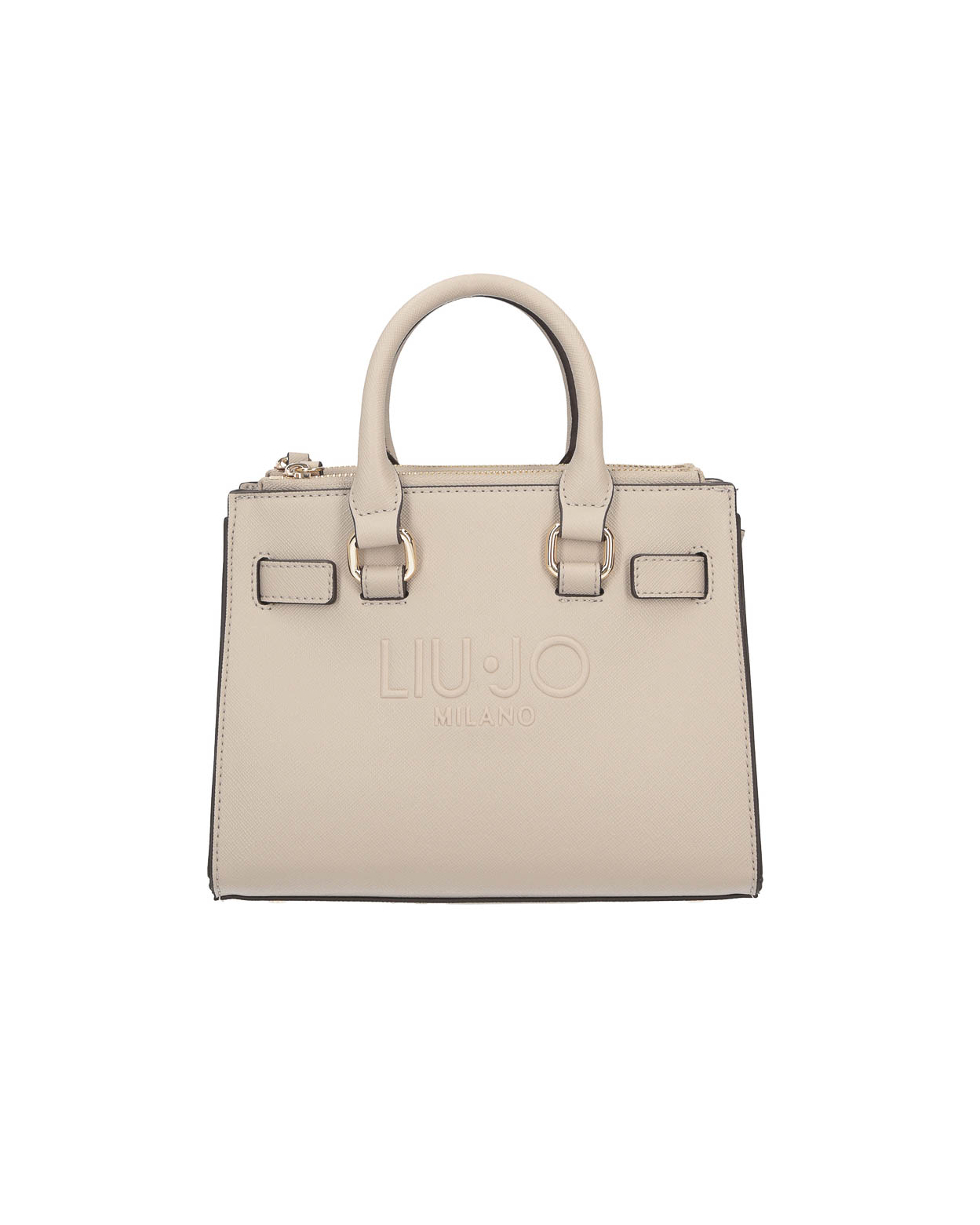 Borsa a mano beige piccola squadrata in similpelle saffiano con maxi logo a rilievo e listini regolabili