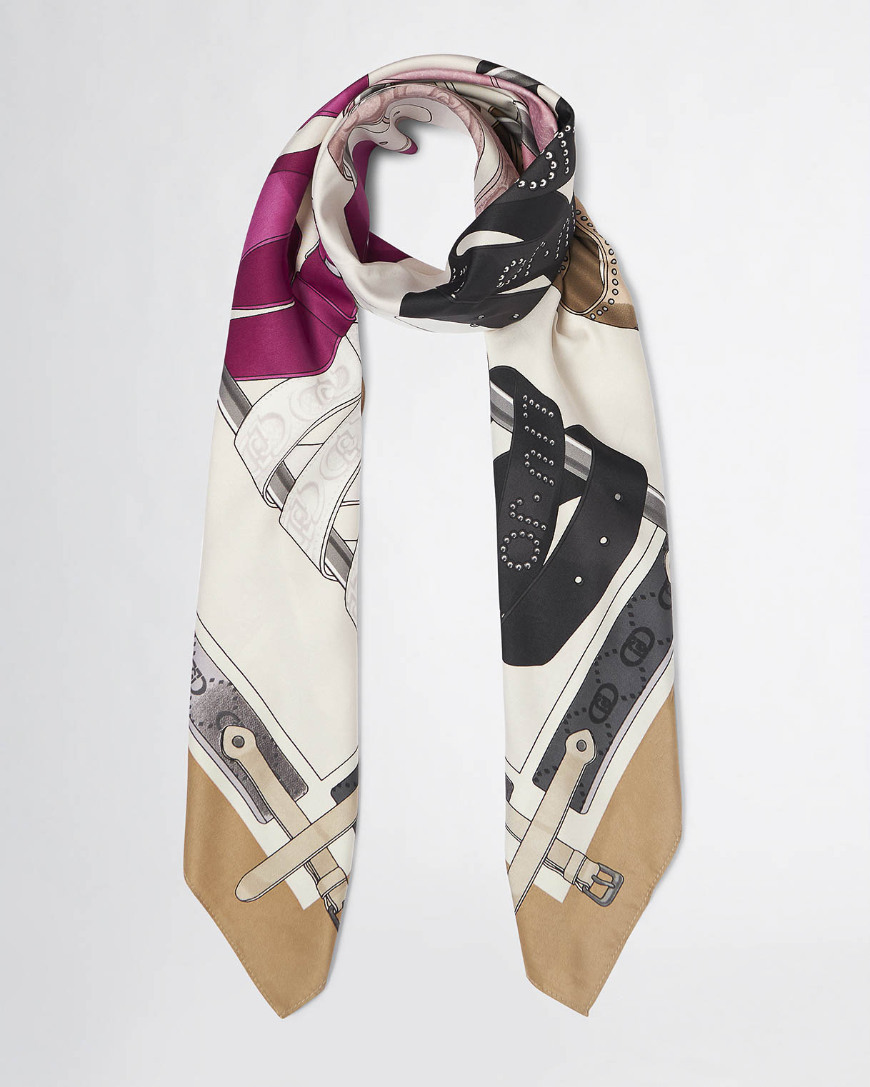 Foulard in raso beige a fantasia Mix belts multicolore con logo con riquadro cammello