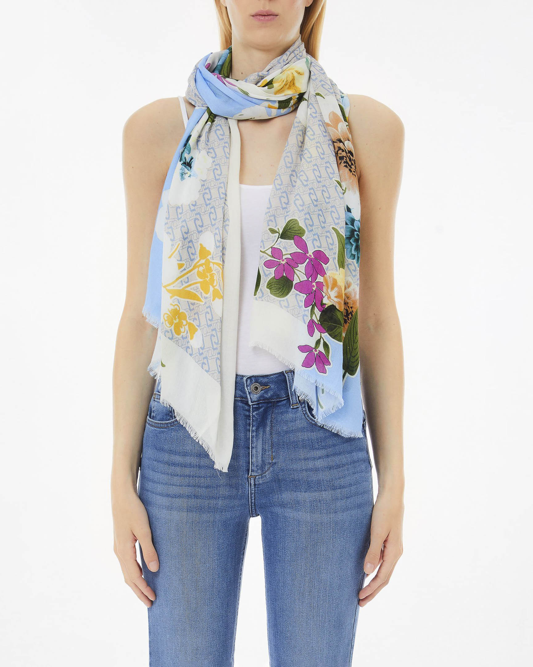 Stola azzurra in bambù a motivo monogram con stampa floreale multicolore image