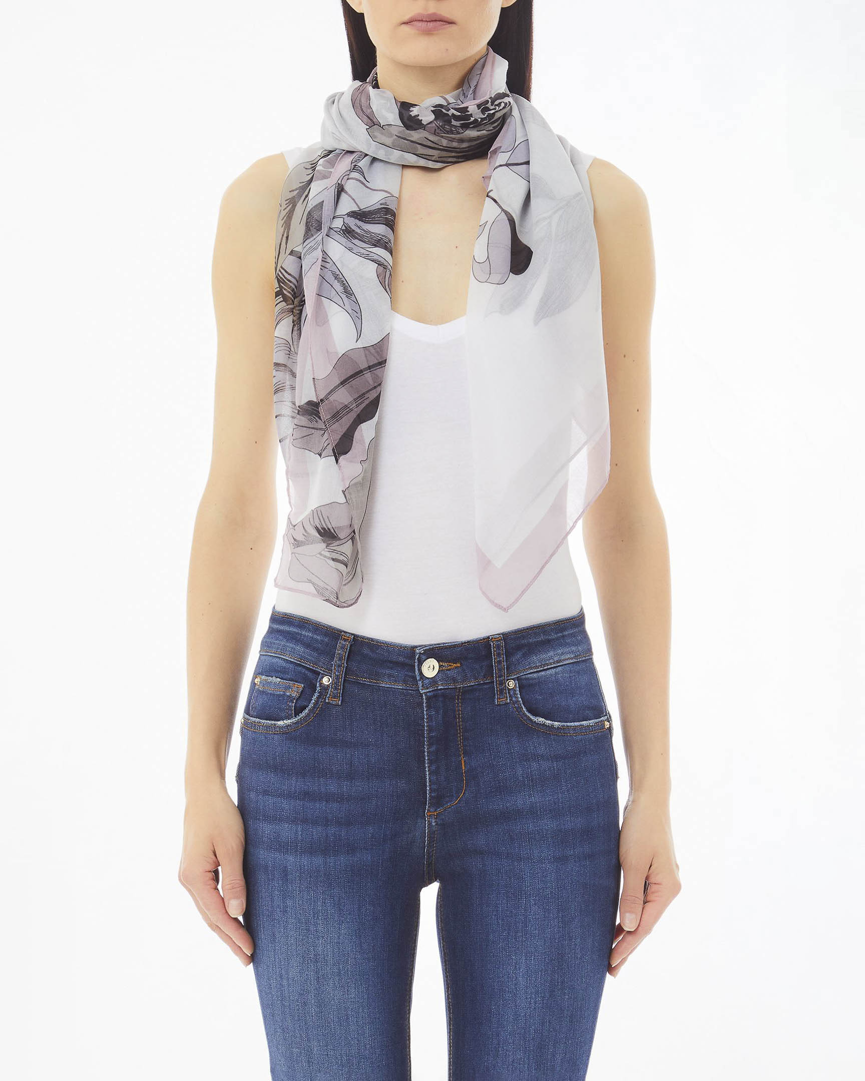 Foulard grigio e rosa in tessuto con stampa grafica floreale tropicale con leopardo