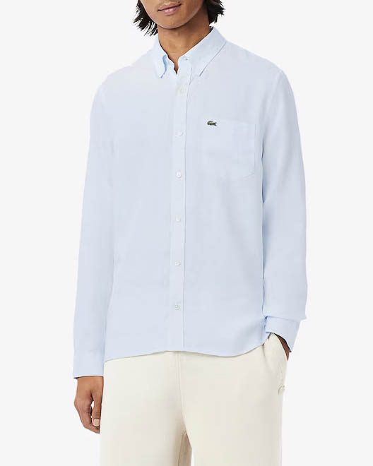 Camicia azzurra button down in puro lino con taschino