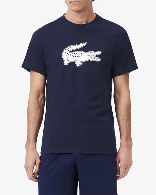 T.shirt blu mezza manica in jersey tecnico con maxi logo coccodrillo bianco