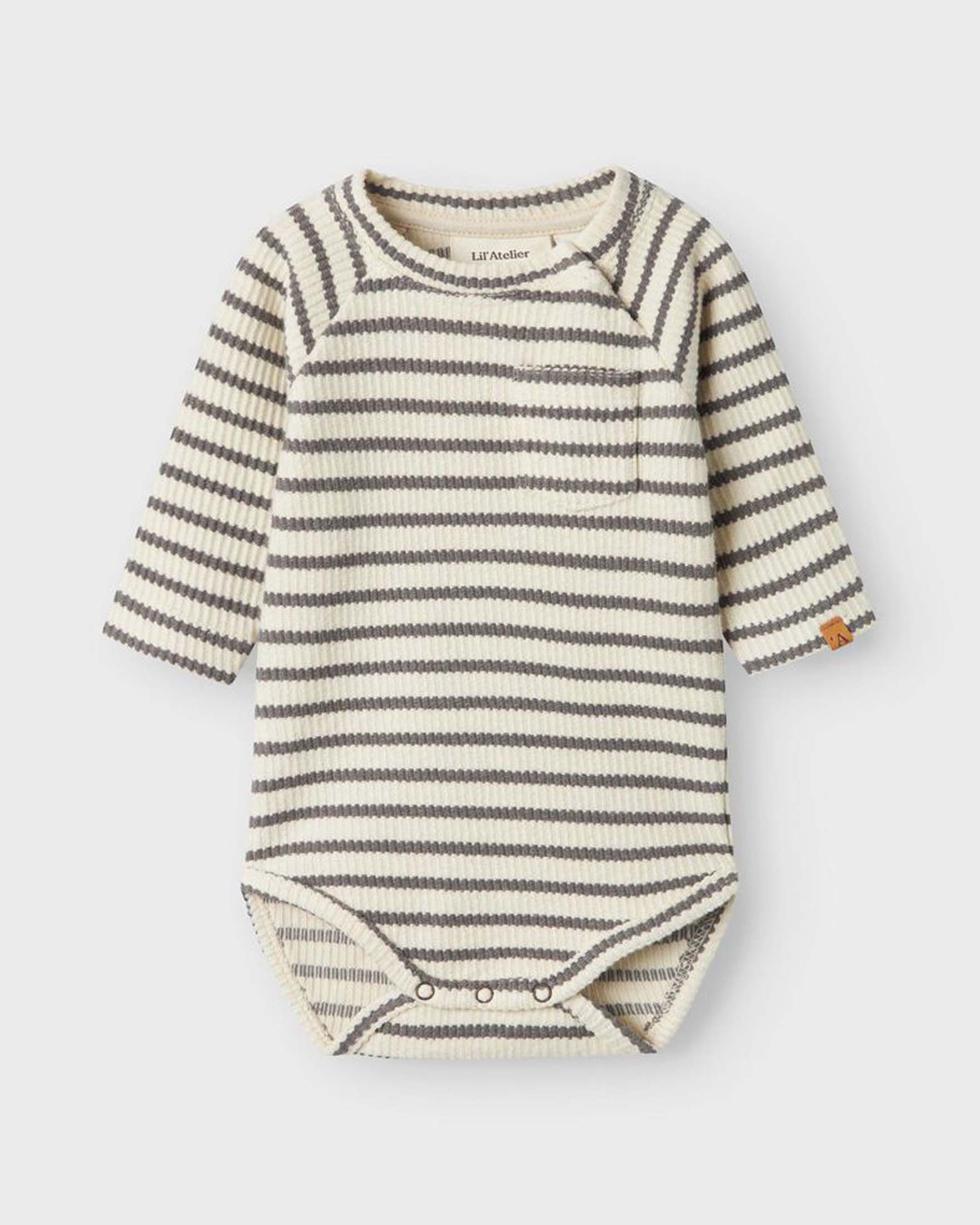 Body Lil'Atelier color panna a righe grigie in puro cotone a maniche lunghe