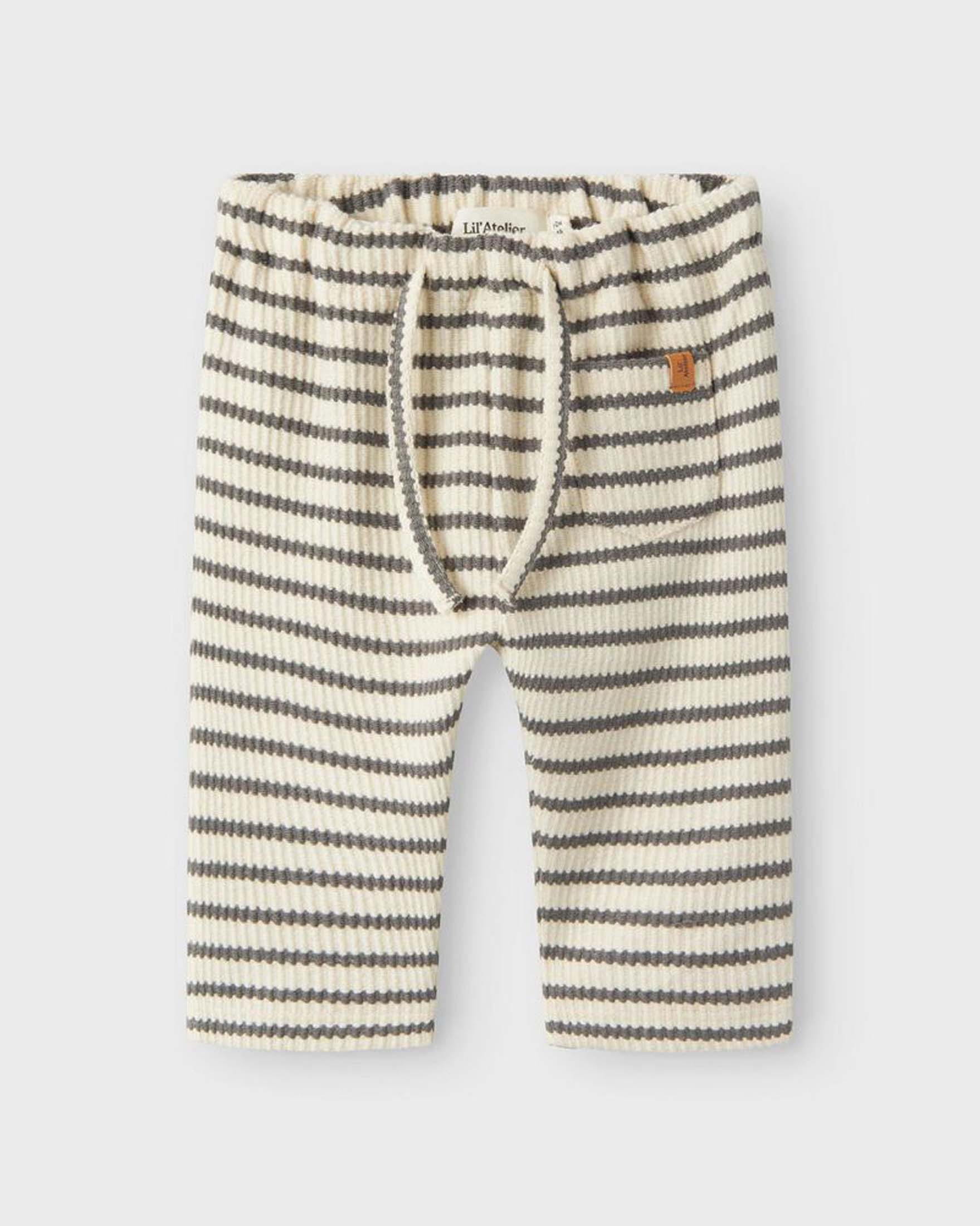 Pantalone Lil'Atelier color avorio a righe grigie in puro cotone con coulisse