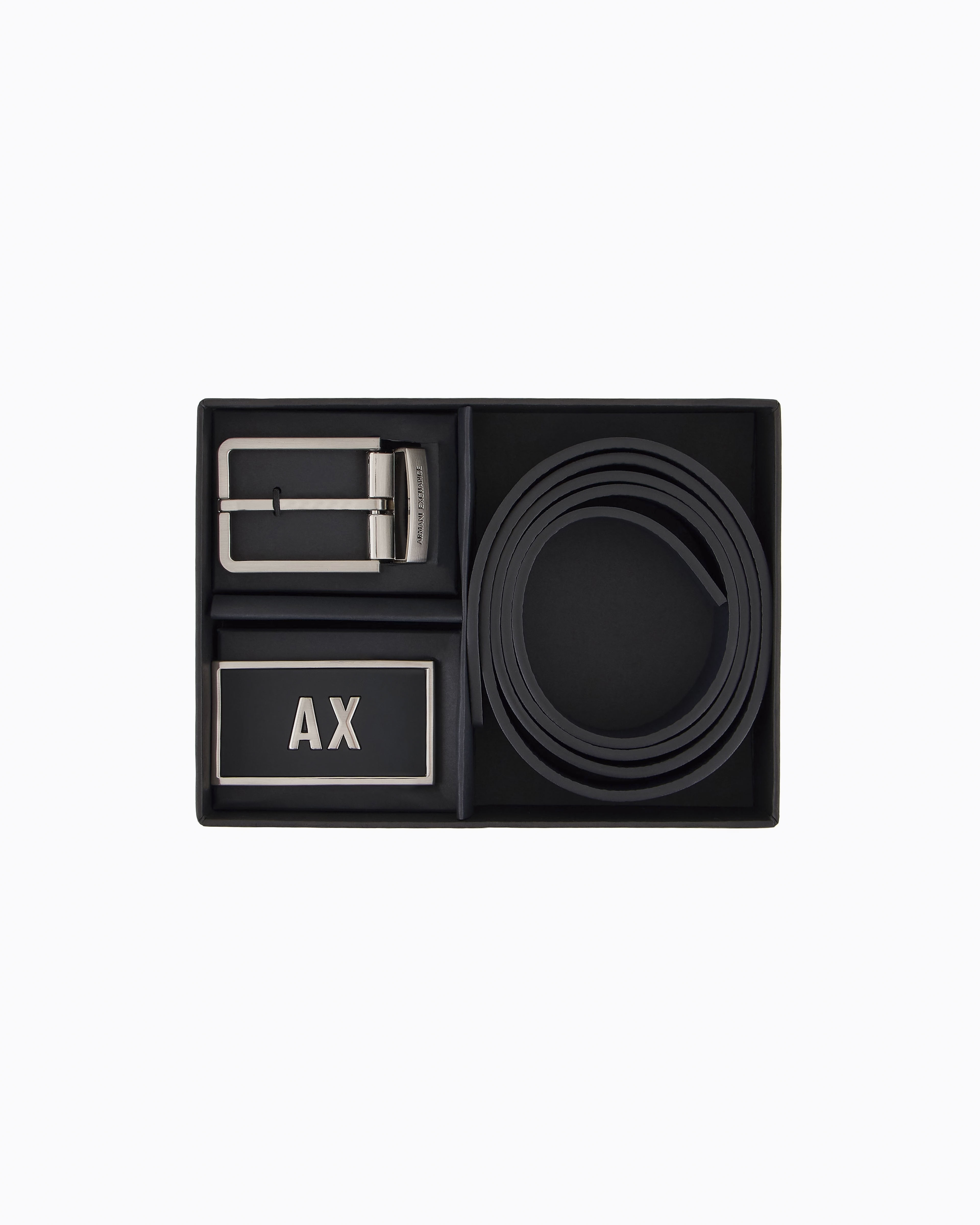 Set cintura nera Armani Exchange in pelle saffiano con doppia fibbia