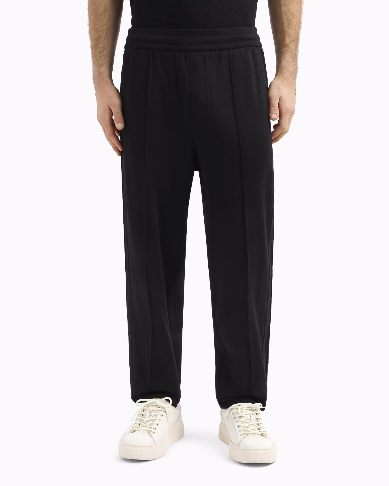 Pantalone nero in interlock di cotone con banda porta logo tono su tono