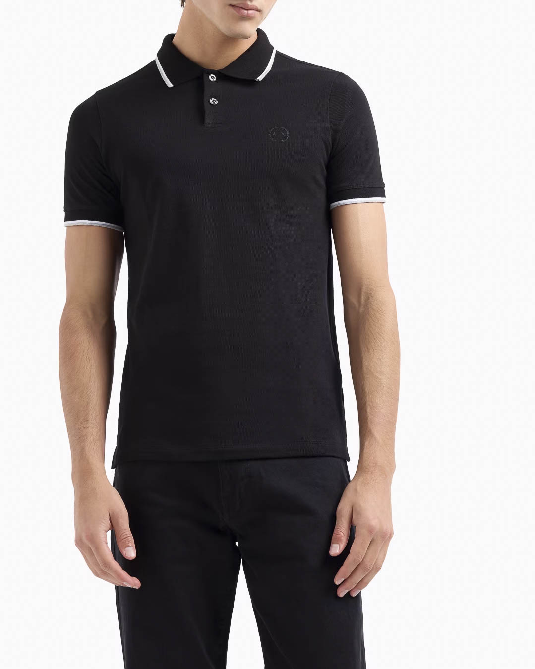 Polo nera in piquè di cotone con bordino bianco e grigio