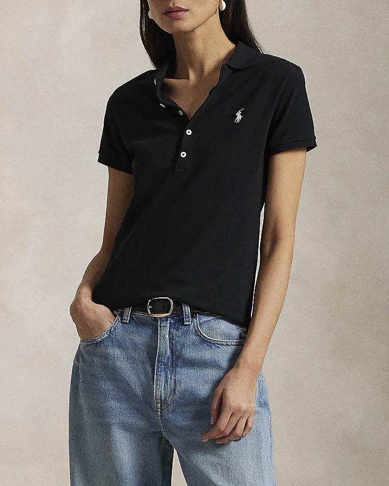 Polo nera Polo in piquè di misto cotone con chiusura a 5 bottoni e logo bianco ricamato