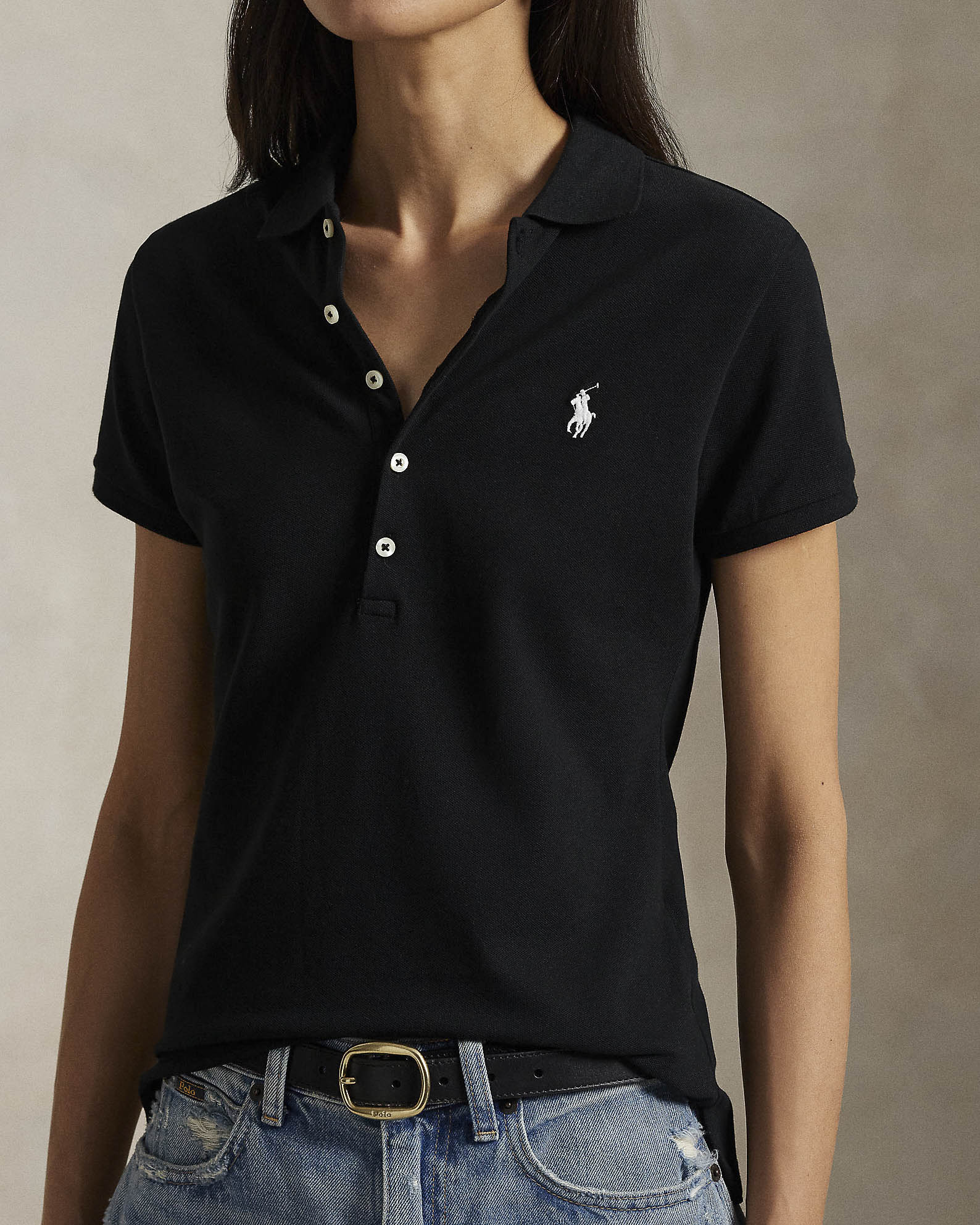 Polo nera Polo Ralph Lauren in piquè di misto cotone con chiusura a 5 bottoni e logo bianco ricamato image