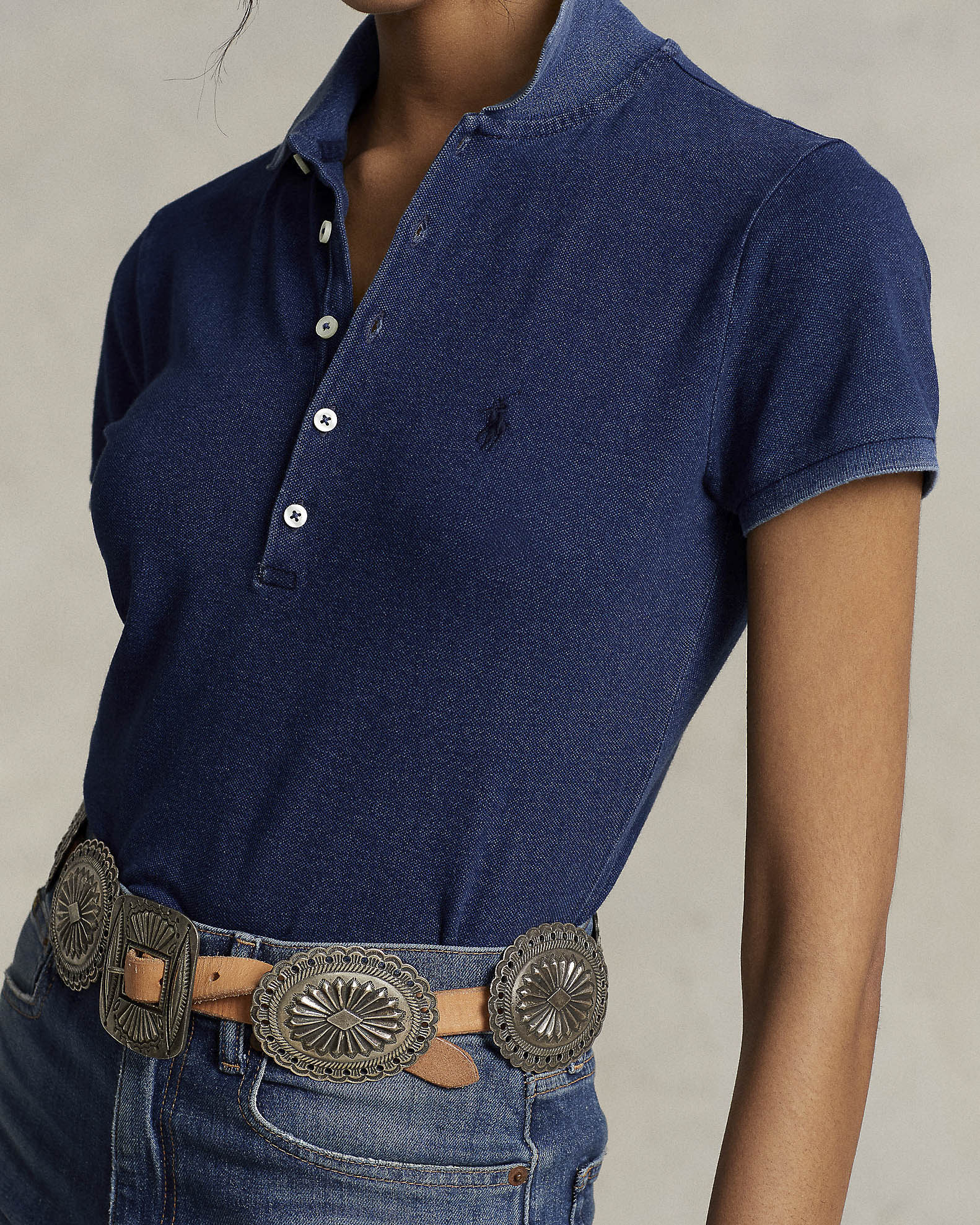 Polo blu indigo Polo Ralph Lauren in piquè di misto cotone con chiusura a 5 bottoni e logo ricamato image