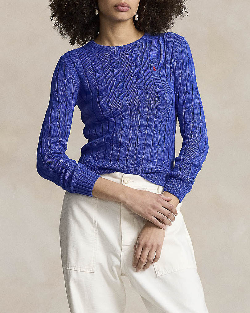 Maglioncino blu China Polo in cotone lavorazione a trecce con logo rosso ricamato sul petto