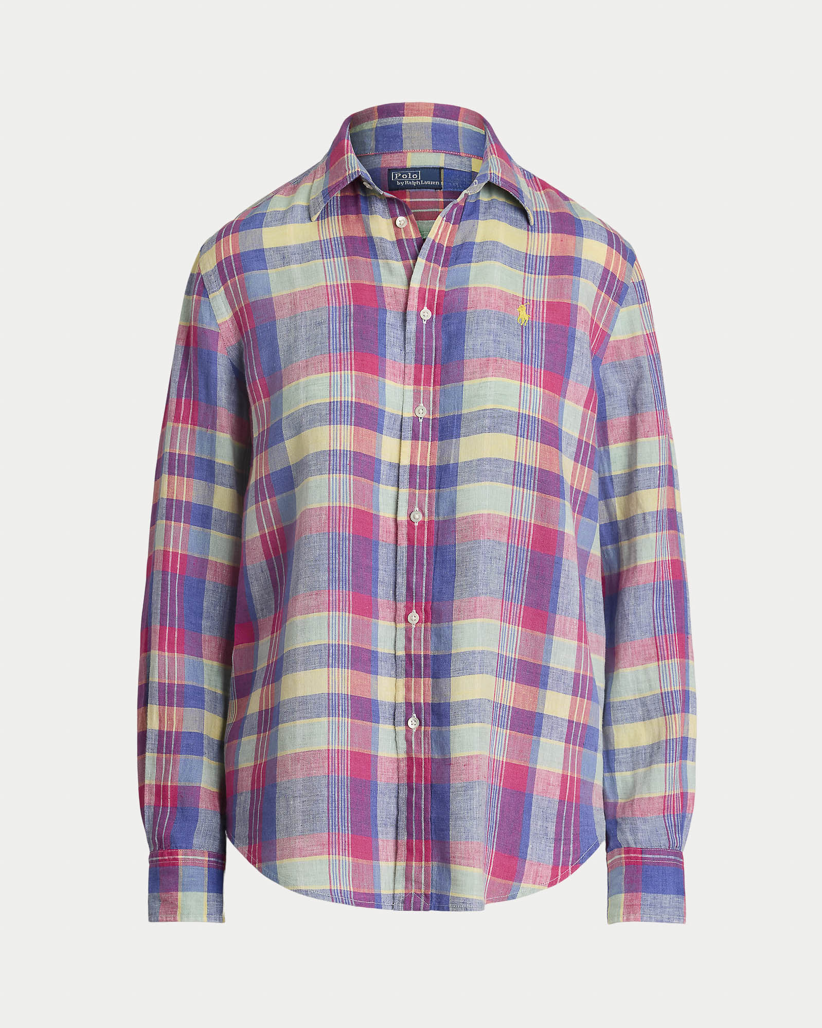 Camicia in lino a fantasia tartan rosa e azzurro con logo giallo ricamato sul petto