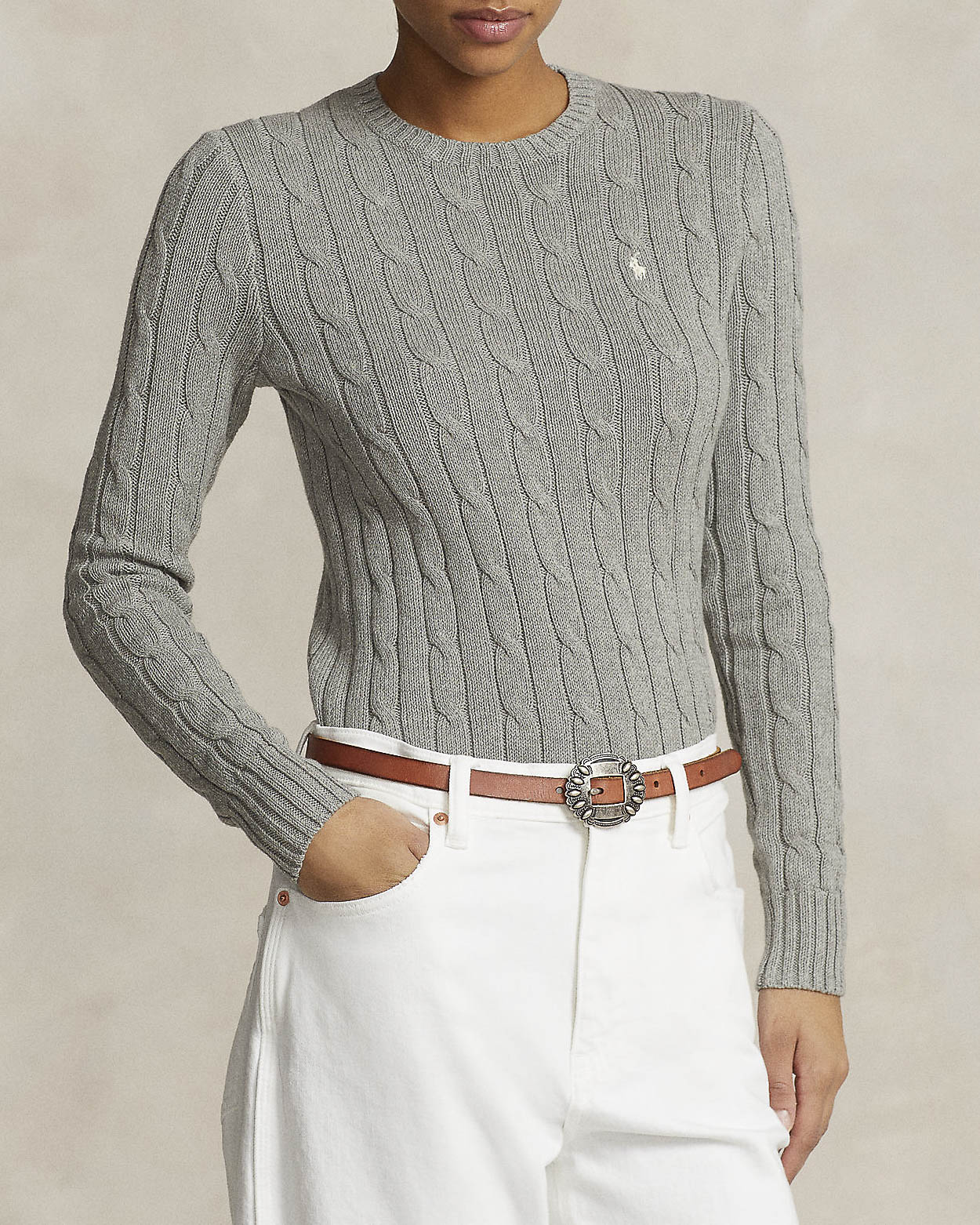 Maglia Polo grigia lavorata a trecce in puro cotone con logo ricamato a contrasto sul petto