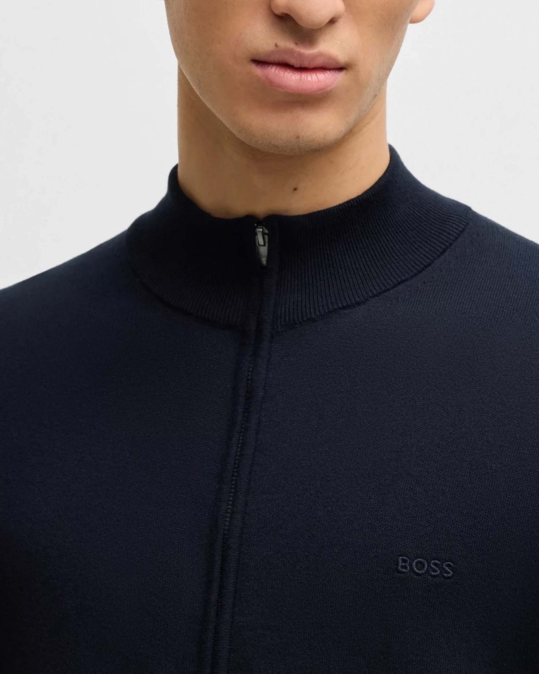 Maglia cardigan blu Boss Palano con chiusura zip in puro cotone