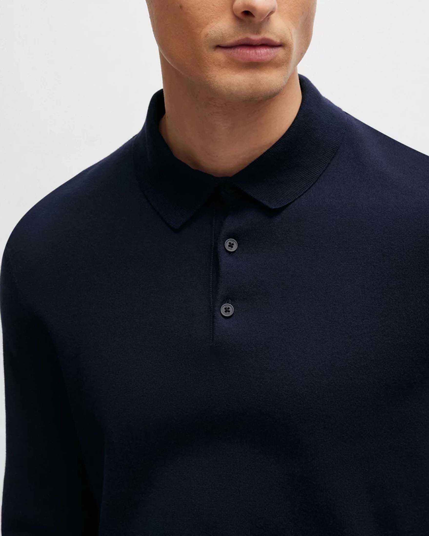 Polo Boss a maniche lunghe blu in maglia di puro cotone con colletto a tre bottoni