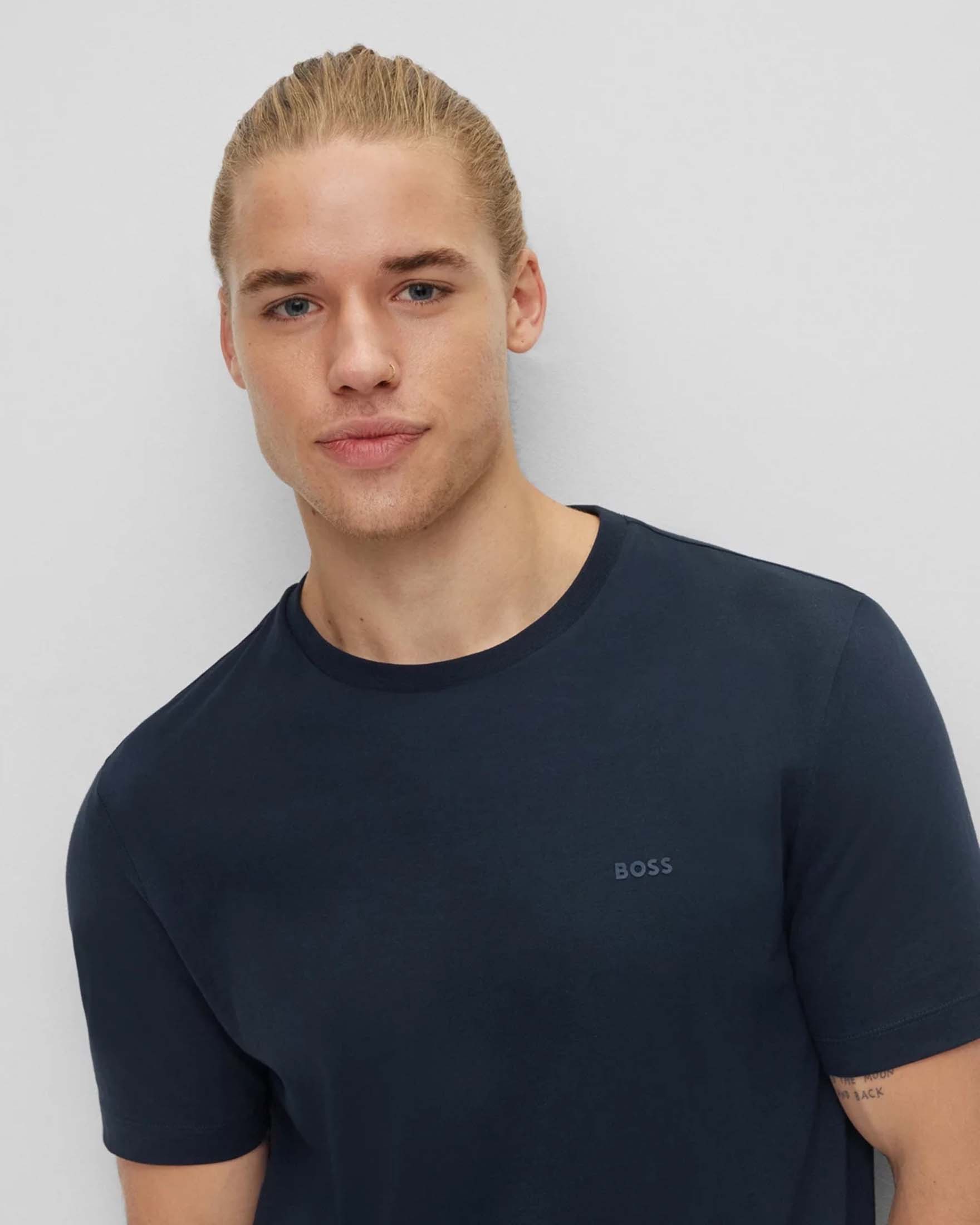 T-shirt Thompson Boss blu mezza manica in puro cotone