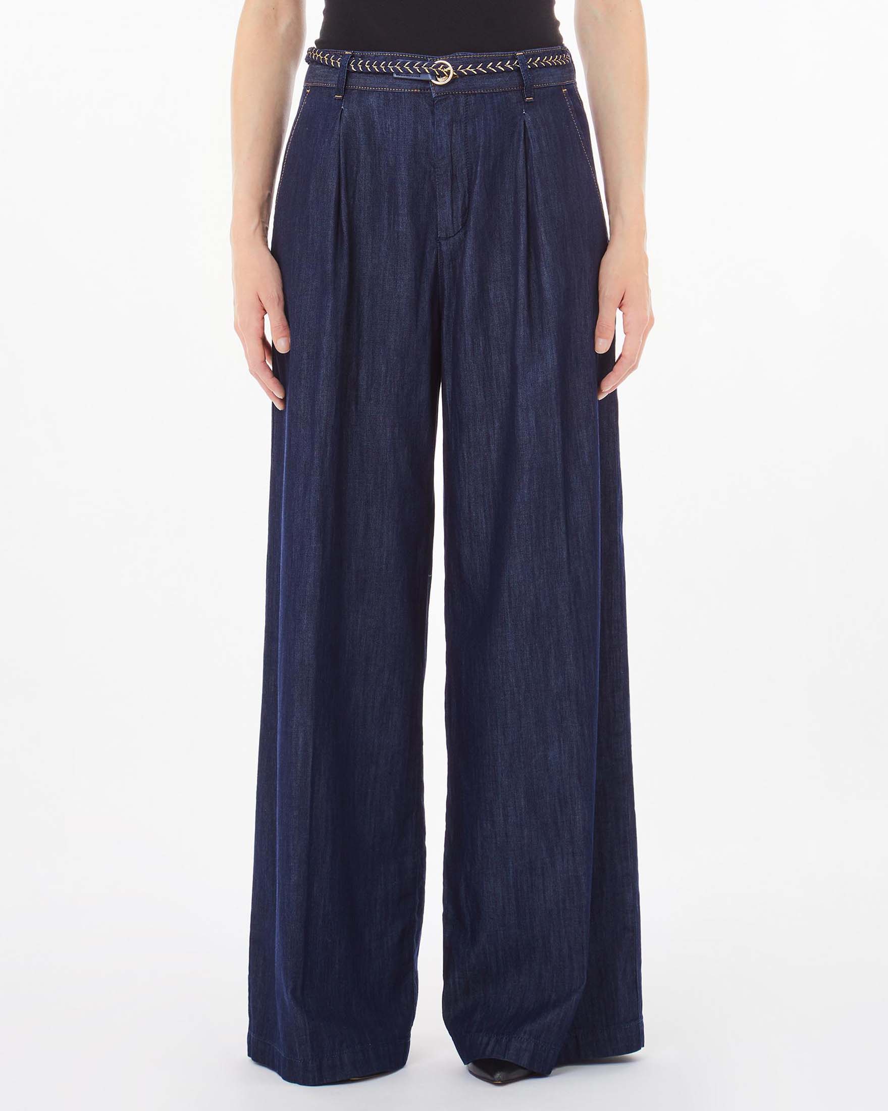 Jeans wide leg a vita alta in tencel di cotone lavaggio scuro con pinces in vita e tasche alla francese